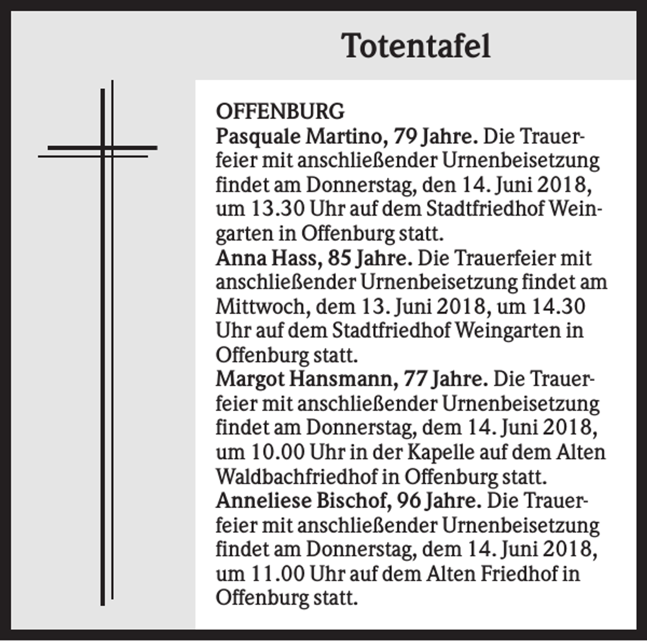 <p>Totentafel<br />OFFENBURG<br />Pasquale Martino, 79 Jahre. Die Trauerfeier mit anschließender Urnenbeisetzung<br />findet am Donnerstag, den 14. Juni 2018,<br />um 13.30 Uhr auf dem Stadtfriedhof Weingarten in Offenburg statt.<br />Anna Hass, 85 Jahre. Die Trauerfeier mit<br />anschließender Urnenbeisetzung findet am<br />Mittwoch, dem 13. Juni 2018, um 14.30<br />Uhr auf dem Stadtfriedhof Weingarten in<br />Offenburg statt.<br />Margot Hansmann, 77 Jahre. Die Trauerfeier mit anschließender Urnenbeisetzung<br />findet am Donnerstag, dem 14. Juni 2018,<br />um 10.00 Uhr in der Kapelle auf dem Alten<br />Waldbachfriedhof in Offenburg statt.<br />Anneliese Bischof, 96 Jahre. Die Trauerfeier mit anschließender Urnenbeisetzung<br />findet am Donnerstag, dem 14. Juni 2018,<br />um 11.00 Uhr auf dem Alten Friedhof in<br />Offenburg statt.</p>