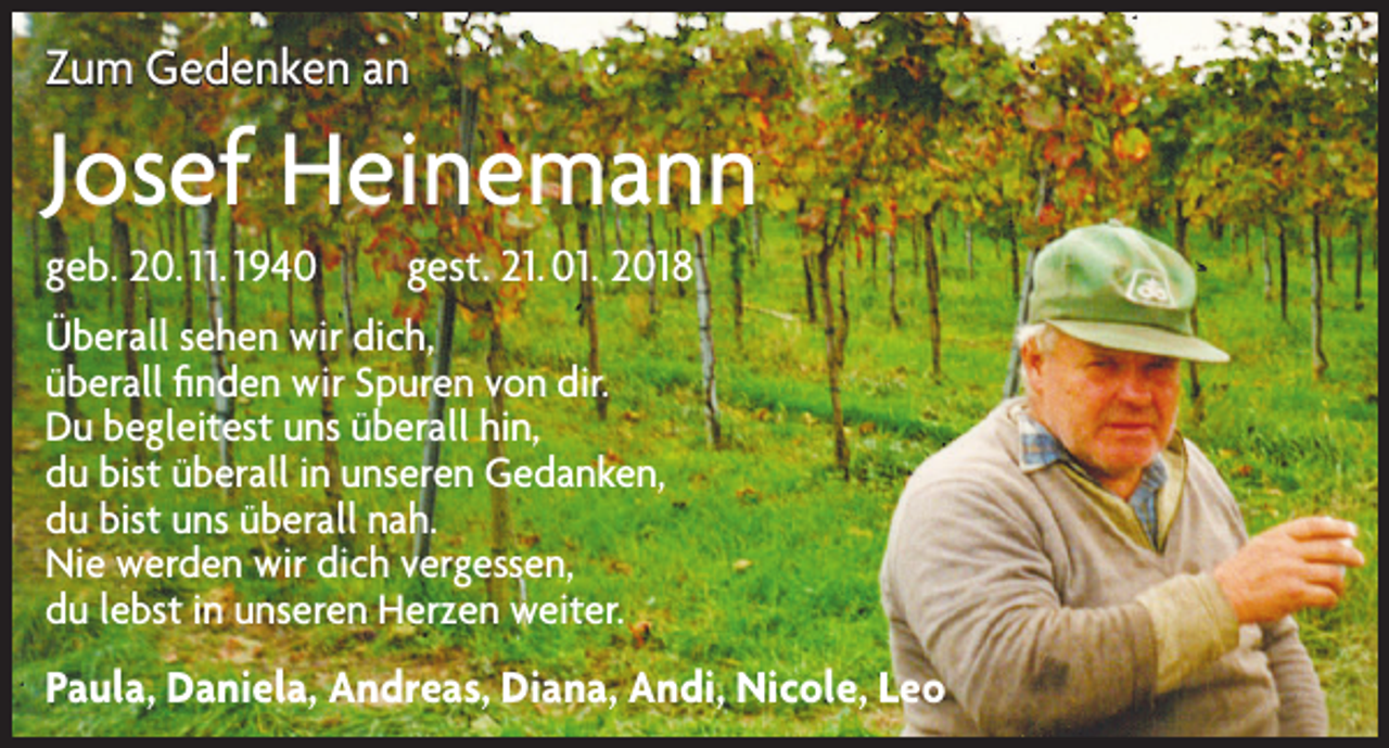 <p>Zum Gedenken an</p><p>Josef Heinemann<br />geb. 20. 11. 1940 gest. 21. 01. 2018<br />Überall sehen wir dich,<br />überall finden wir Spuren von dir.<br />Du begleitest uns überall hin,<br />du bist überall in unseren Gedanken,<br />du bist uns überall nah.<br />Nie werden wir dich vergessen,<br />du lebst in unseren Herzen weiter.</p><p>Paula, Daniela, Andreas, Diana, Andi, Nicole, Leo</p>
