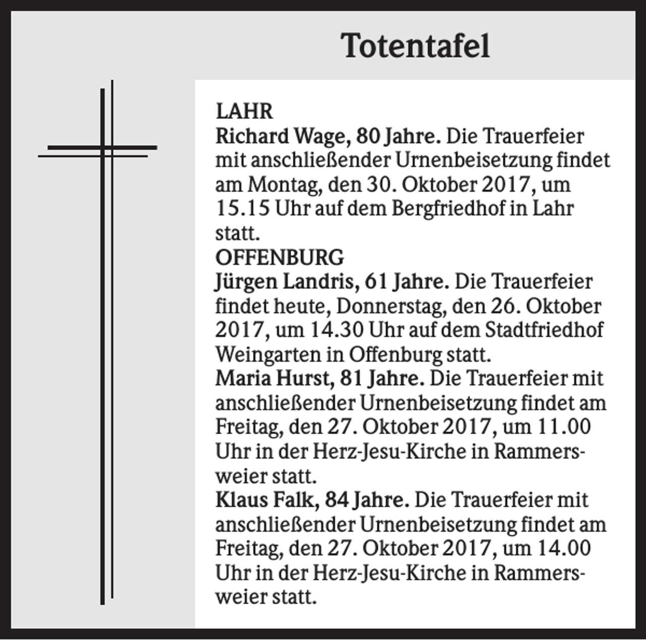 <p>Totentafel<br />LAHR<br />Richard Wage, 80 Jahre. Die Trauerfeier<br />mit anschließender Urnenbeisetzung findet<br />am Montag, den 30. Oktober 2017, um<br />15.15 Uhr auf dem Bergfriedhof in Lahr<br />statt.<br />OFFENBURG<br />Jürgen Landris, 61 Jahre. Die Trauerfeier<br />findet heute, Donnerstag, den 26. Oktober<br />2017, um 14.30 Uhr auf dem Stadtfriedhof<br />Weingarten in Offenburg statt.<br />Maria Hurst, 81 Jahre. Die Trauerfeier mit<br />anschließender Urnenbeisetzung findet am<br />Freitag, den 27. Oktober 2017, um 11.00<br />Uhr in der Herz-Jesu-Kirche in Rammersweier statt.<br />Klaus Falk, 84 Jahre. Die Trauerfeier mit<br />anschließender Urnenbeisetzung findet am<br />Freitag, den 27. Oktober 2017, um 14.00<br />Uhr in der Herz-Jesu-Kirche in Rammersweier statt.</p>