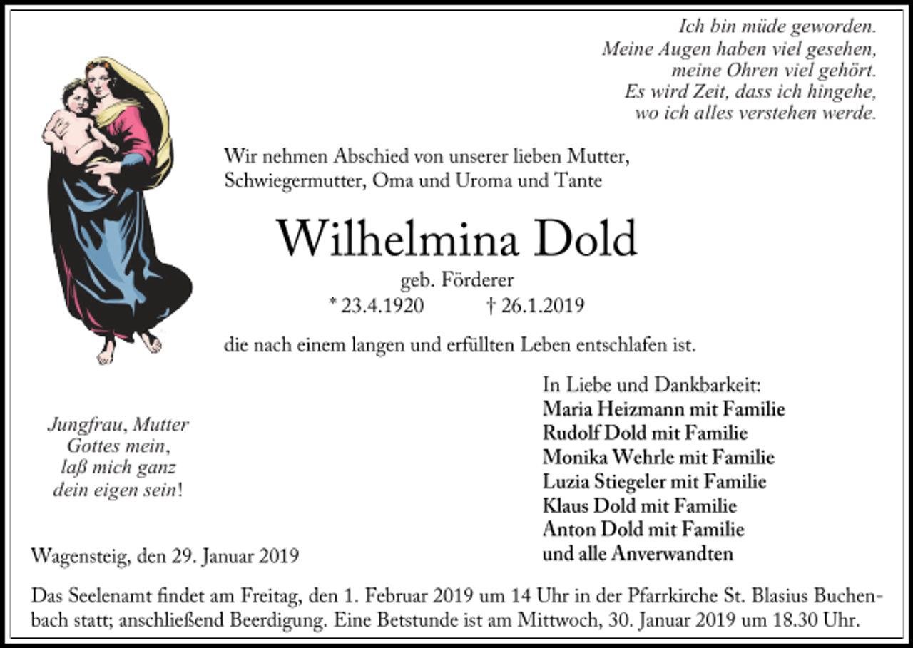 <p>Ich bin müde geworden.<br />Meine Augen haben viel gesehen,<br />meine Ohren viel gehört.<br />Es wird Zeit, dass ich hingehe,<br />wo ich alles verstehen werde.</p><p>Jungfrau, Mutter<br />Gottes mein,<br />laß mich gan<br />dein eigen sein!</p>