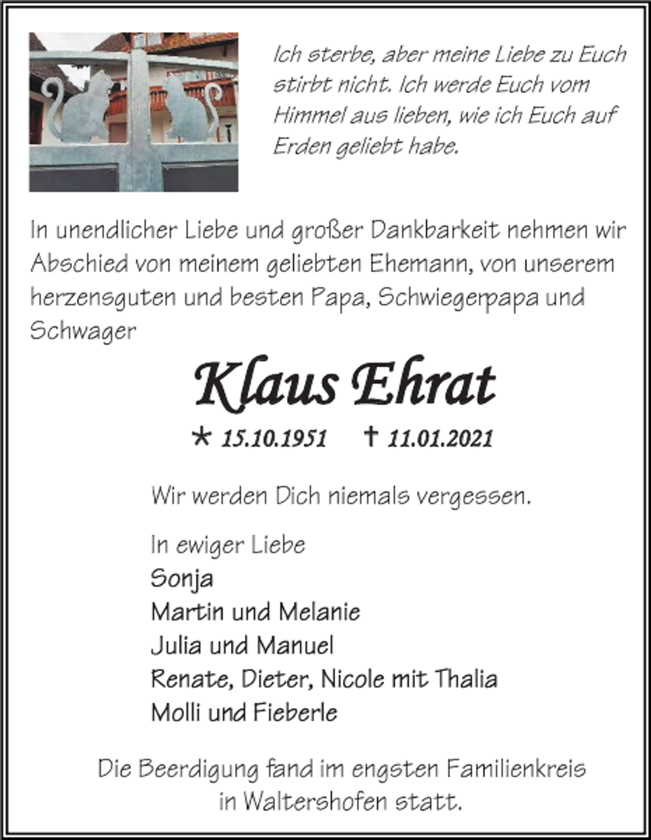 <p>Klaus Ehrat<br /> 15.10.1951</p><p> 11.01.2021</p>