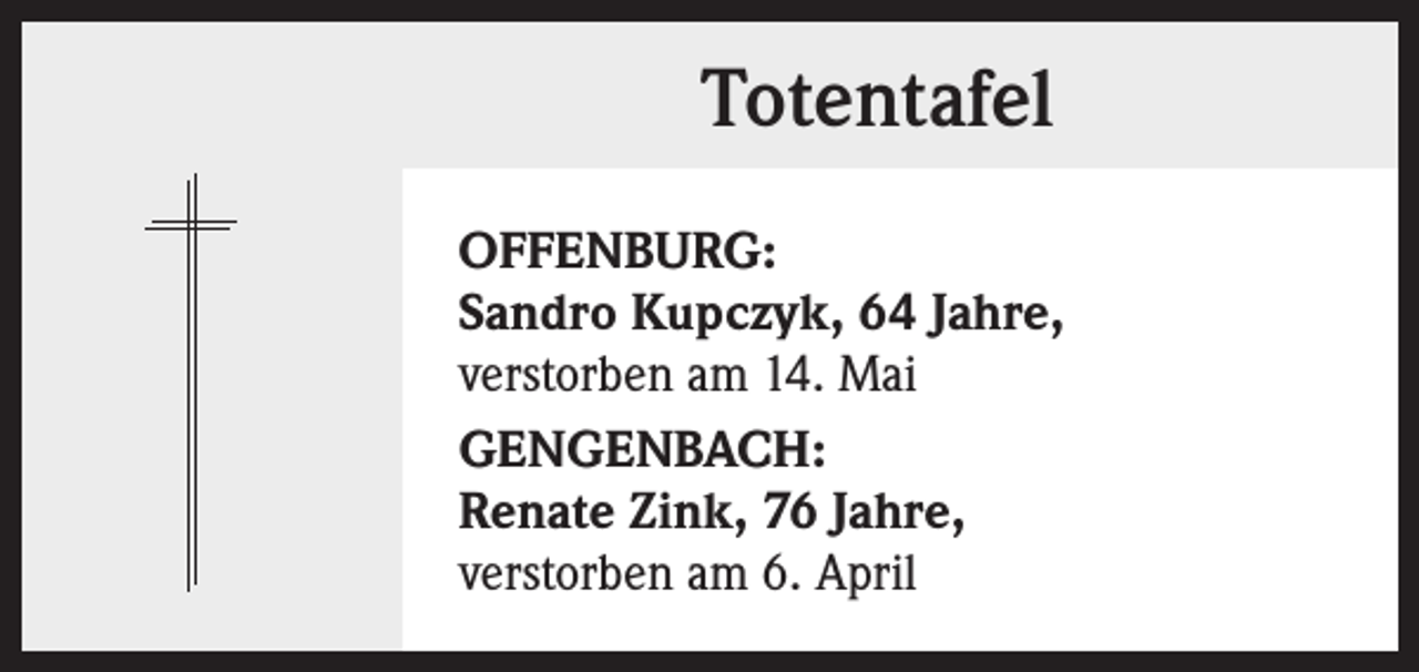 <p>Totentafel<br />OFFENBURG:<br />Sandro Kupczyk, 64 Jahre,<br />verstorben am 14. Mai<br />GENGENBACH:<br />Renate Zink, 76 Jahre,<br />verstorben am 6. April</p>