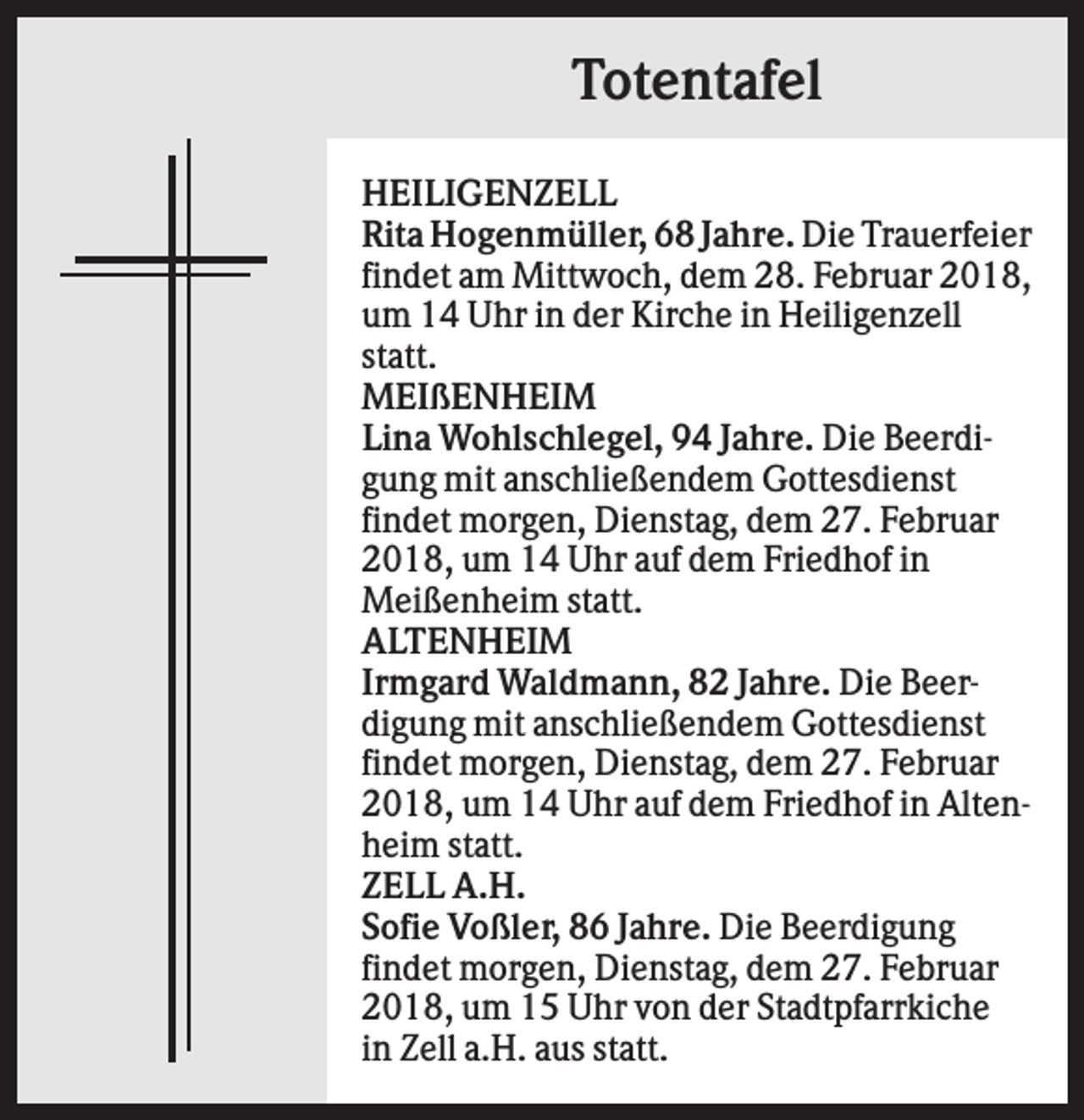 <p>Totentafel<br />HEILIGENZELL<br />Rita Hogenmüller, 68 Jahre. Die Trauerfeier<br />findet am Mittwoch, dem 28. Februar 2018,<br />um 14 Uhr in der Kirche in Heiligenzell<br />statt.<br />MEIßENHEIM<br />Lina Wohlschlegel, 94 Jahre. Die Beerdigung mit anschließendem Gottesdienst<br />findet morgen, Dienstag, dem 27. Februar<br />2018, um 14 Uhr auf dem Friedhof in<br />Meißenheim statt.<br />ALTENHEIM<br />Irmgard Waldmann, 82 Jahre. Die Beerdigung mit anschließendem Gottesdienst<br />findet morgen, Dienstag, dem 27. Februar<br />2018, um 14 Uhr auf dem Friedhof in Altenheim statt.<br />ZELL A.H.<br />Sofie Voßler, 86 Jahre. Die Beerdigung<br />findet morgen, Dienstag, dem 27. Februar<br />2018, um 15 Uhr von der Stadtpfarrkiche<br />in Zell a.H. aus statt.</p>