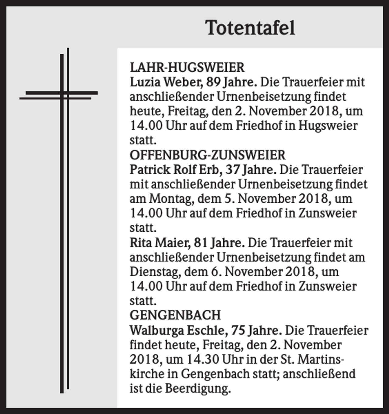 <p>Totentafel<br />LAHR-HUGSWEIER<br />Luzia Weber, 89 Jahre. Die Trauerfeier mit<br />anschließender Urnenbeisetzung findet<br />heute, Freitag, den 2. November 2018, um<br />14.00 Uhr auf dem Friedhof in Hugsweier<br />statt.<br />OFFENBURG-ZUNSWEIER<br />Patrick Rolf Erb, 37 Jahre. Die Trauerfeier<br />mit anschließender Urnenbeisetzung findet<br />am Montag, dem 5. November 2018, um<br />14.00 Uhr auf dem Friedhof in Zunsweier<br />statt.<br />Rita Maier, 81 Jahre. Die Trauerfeier mit<br />anschließender Urnenbeisetzung findet am<br />Dienstag, dem 6. November 2018, um<br />14.00 Uhr auf dem Friedhof in Zunsweier<br />statt.<br />GENGENBACH<br />Walburga Eschle, 75 Jahre. Die Trauerfeier<br />findet heute, Freitag, den 2. November<br />2018, um 14.30 Uhr in der St. Martinskirche in Gengenbach statt; anschließend<br />ist die Beerdigung.</p>