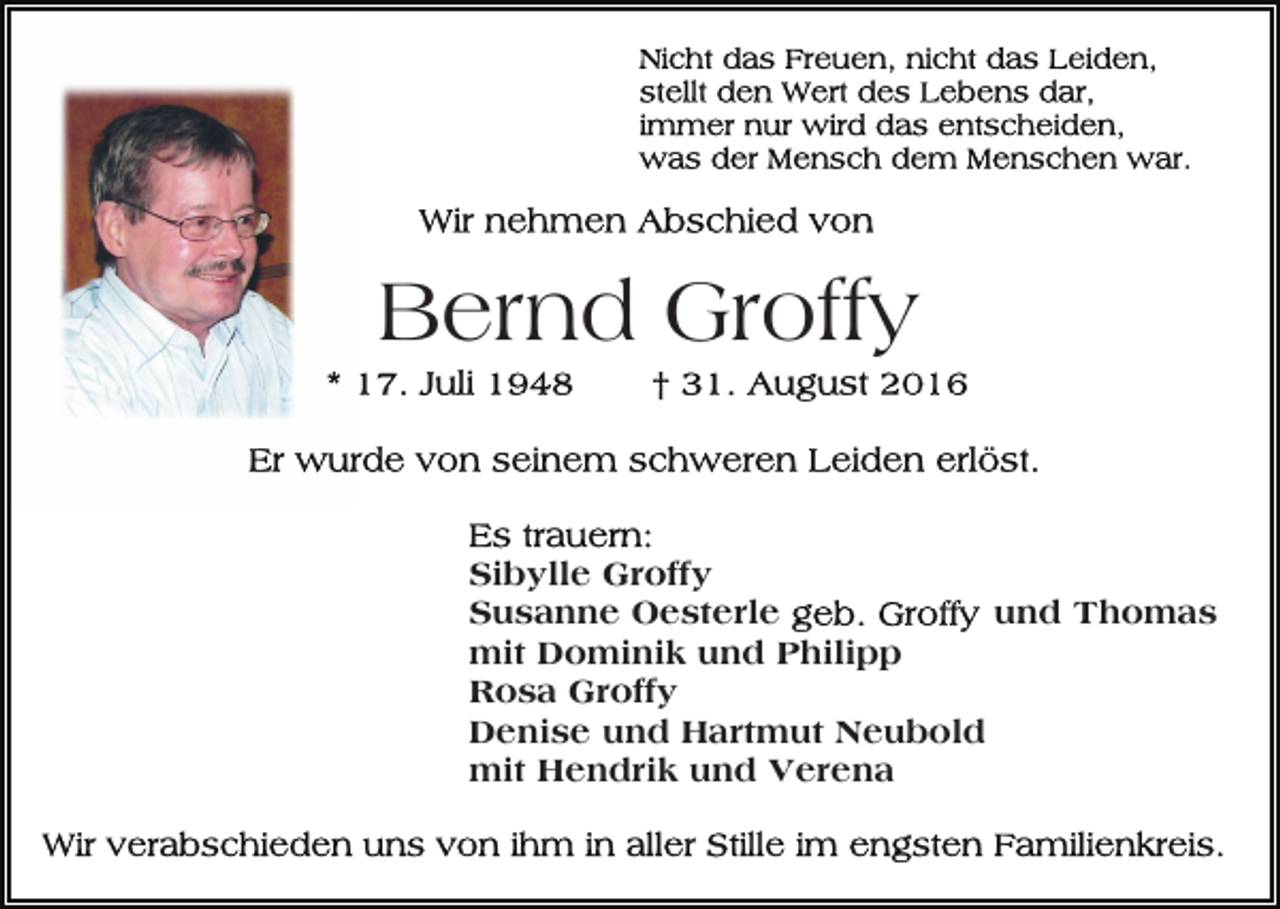 <p>Bernd Groffy<br />Sibylle Groffy<br />und Thomas<br />Susanne Oesterle<br />mit Dominik und Philipp<br />Rosa Groffy<br />Denise und Hartmut Neubold<br />mit Hendrik und Verena</p>