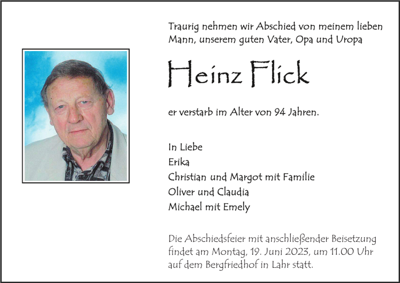 <p>Die Abschiedsfeier mit anschließender Beisetzung<br />findet am Montag, 19. Juni 2023, um 11.00 Uhr<br />auf dem Bergfriedhof in Lahr statt.</p>