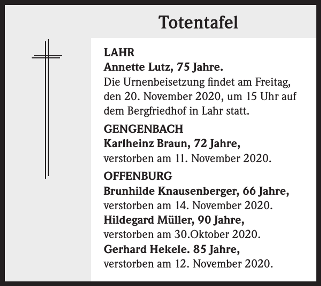 <p>Totentafel<br />LAHR<br />Annette Lutz, 75 Jahre.<br />Die Urnenbeisetzung findet am Freitag,<br />den 20. November 2020, um 15 Uhr auf<br />dem Bergfriedhof in Lahr statt.<br />GENGENBACH<br />Karlheinz Braun, 72 Jahre,<br />verstorben am 11. November 2020.<br />OFFENBURG<br />Brunhilde Knausenberger, 66 Jahre,<br />verstorben am 14. November 2020.<br />Hildegard Müller, 90 Jahre,<br />verstorben am 30.Oktober 2020.<br />Gerhard Hekele. 85 Jahre,<br />verstorben am 12. November 2020.</p>