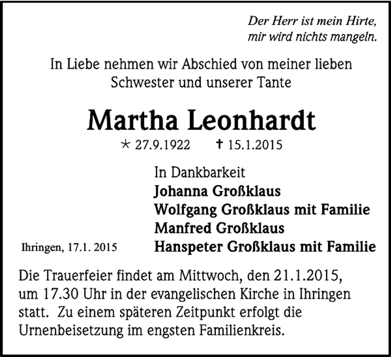 <p>Der Herr ist mein Hirte,</p><p></p><p>Ihringen, 17.1. 2015</p><p></p>