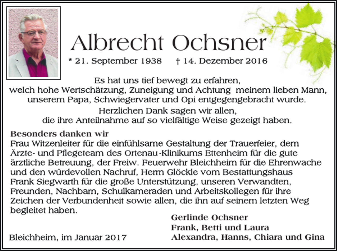<p>Albrecht Ochsner</p><p>Besonders danken wir</p><p>Gerlinde Ochsner<br />Frank, Betti und Laura<br />Alexandra, Hanns, Chiara und Gina</p>