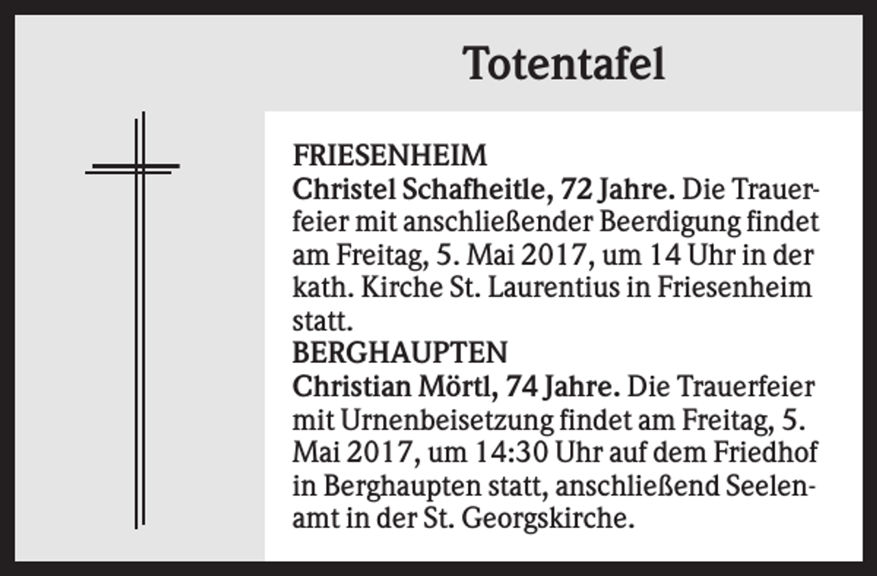 <p>Totentafel<br />FRIESENHEIM<br />Christel Schafheitle, 72 Jahre. Die Trauerfeier mit anschließender Beerdigung findet<br />am Freitag, 5. Mai 2017, um 14 Uhr in der<br />kath. Kirche St. Laurentius in Friesenheim<br />statt.<br />BERGHAUPTEN<br />Christian Mörtl, 74 Jahre. Die Trauerfeier<br />mit Urnenbeisetzung findet am Freitag, 5.<br />Mai 2017, um 14:30 Uhr auf dem Friedhof<br />in Berghaupten statt, anschließend Seelenamt in der St. Georgskirche.</p>