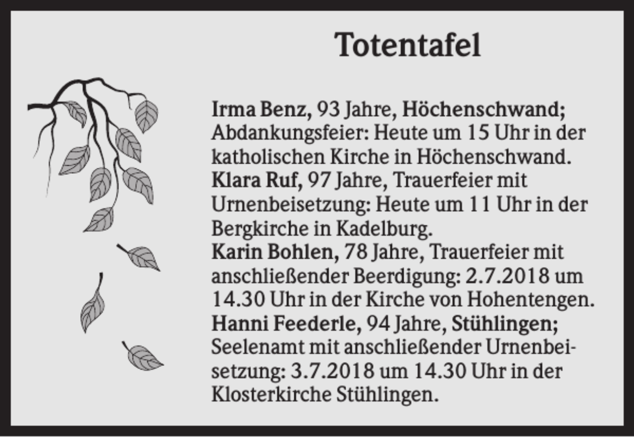 <p>Totentafel<br />Irma Benz, 93 Jahre, Höchenschwand;<br />Abdankungsfeier: Heute um 15 Uhr in der<br />katholischen Kirche in Höchenschwand.<br />Klara Ruf, 97 Jahre, Trauerfeier mit<br />Urnenbeisetzung: Heute um 11 Uhr in der<br />Bergkirche in Kadelburg.<br />Karin Bohlen, 78 Jahre, Trauerfeier mit<br />anschließender Beerdigung: 2.7.2018 um<br />14.30 Uhr in der Kirche von Hohentengen.<br />Hanni Feederle, 94 Jahre, Stühlingen;<br />Seelenamt mit anschließender Urnenbeisetzung: 3.7.2018 um 14.30 Uhr in der<br />Klosterkirche Stühlingen.</p>