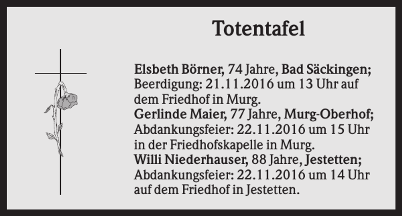 <p>Totentafel<br />Elsbeth Börner, 74 Jahre, Bad Säckingen;<br />Beerdigung: 21.11.2016 um 13 Uhr auf<br />dem Friedhof in Murg.<br />Gerlinde Maier, 77 Jahre, Murg-Oberhof;<br />Abdankungsfeier: 22.11.2016 um 15 Uhr<br />in der Friedhofskapelle in Murg.<br />Willi Niederhauser, 88 Jahre, Jestetten;<br />Abdankungsfeier: 22.11.2016 um 14 Uhr<br />auf dem Friedhof in Jestetten.</p>