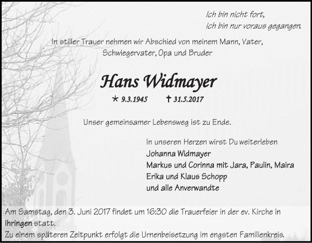 <p>Hans Widmayer<br /> 9.3.1945</p><p> 31.5.2017</p>
