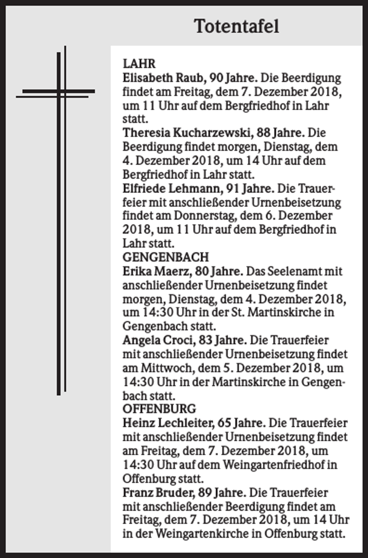 <p>Totentafel<br />LAHR<br />Elisabeth Raub, 90 Jahre. Die Beerdigung<br />findet am Freitag, dem 7. Dezember 2018,<br />um 11 Uhr auf dem Bergfriedhof in Lahr<br />statt.<br />Theresia Kucharzewski, 88 Jahre. Die<br />Beerdigung findet morgen, Dienstag, dem<br />4. Dezember 2018, um 14 Uhr auf dem<br />Bergfriedhof in Lahr statt.<br />Elfriede Lehmann, 91 Jahre. Die Trauerfeier mit anschließender Urnenbeisetzung<br />findet am Donnerstag, dem 6. Dezember<br />2018, um 11 Uhr auf dem Bergfriedhof in<br />Lahr statt.<br />GENGENBACH<br />Erika Maerz, 80 Jahre. Das Seelenamt mit<br />anschließender Urnenbeisetzung findet<br />morgen, Dienstag, dem 4. Dezember 2018,<br />um 14:30 Uhr in der St. Martinskirche in<br />Gengenbach statt.<br />Angela Croci, 83 Jahre. Die Trauerfeier<br />mit anschließender Urnenbeisetzung findet<br />am Mittwoch, dem 5. Dezember 2018, um<br />14:30 Uhr in der Martinskirche in Gengenbach statt.<br />OFFENBURG<br />Heinz Lechleiter, 65 Jahre. Die Trauerfeier<br />mit anschließender Urnenbeisetzung findet<br />am Freitag, dem 7. Dezember 2018, um<br />14:30 Uhr auf dem Weingartenfriedhof in<br />Offenburg statt.<br />Franz Bruder, 89 Jahre. Die Trauerfeier<br />mit anschließender Beerdigung findet am<br />Freitag, dem 7. Dezember 2018, um 14 Uhr<br />in der Weingartenkirche in Offenburg statt.</p>