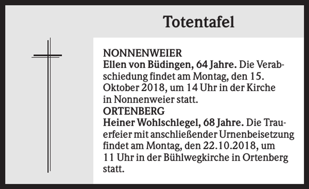 <p>Totentafel<br />NONNENWEIER<br />Ellen von Büdingen, 64 Jahre. Die Verabschiedung findet am Montag, den 15.<br />Oktober 2018, um 14 Uhr in der Kirche<br />in Nonnenweier statt.<br />ORTENBERG<br />Heiner Wohlschlegel, 68 Jahre. Die Trauerfeier mit anschließender Urnenbeisetzung<br />findet am Montag, den 22.10.2018, um<br />11 Uhr in der Bühlwegkirche in Ortenberg<br />statt.</p>