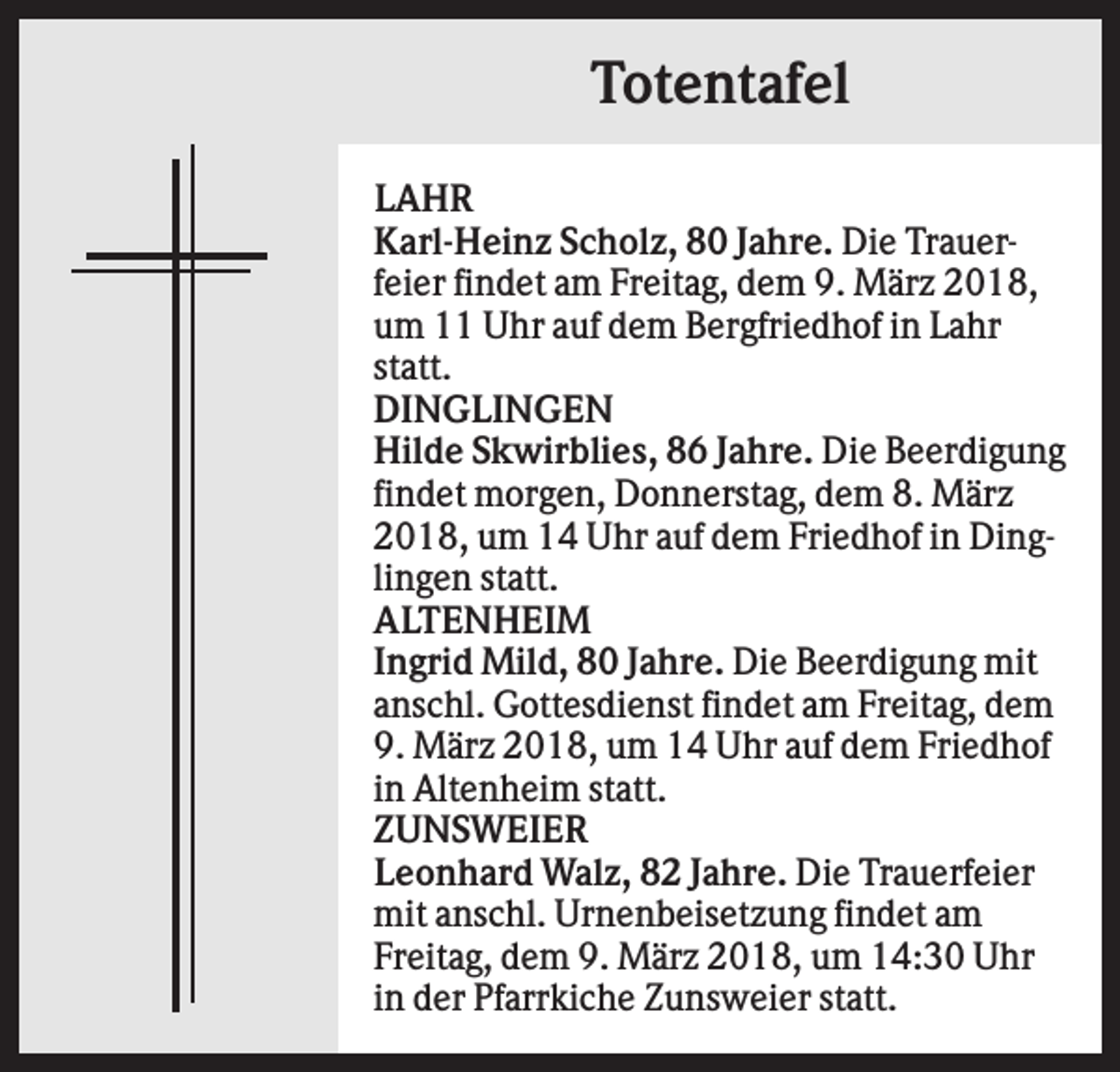 <p>Totentafel<br />LAHR<br />Karl-Heinz Scholz, 80 Jahre. Die Trauerfeier findet am Freitag, dem 9. März 2018,<br />um 11 Uhr auf dem Bergfriedhof in Lahr<br />statt.<br />DINGLINGEN<br />Hilde Skwirblies, 86 Jahre. Die Beerdigung<br />findet morgen, Donnerstag, dem 8. März<br />2018, um 14 Uhr auf dem Friedhof in Dinglingen statt.<br />ALTENHEIM<br />Ingrid Mild, 80 Jahre. Die Beerdigung mit<br />anschl. Gottesdienst findet am Freitag, dem<br />9. März 2018, um 14 Uhr auf dem Friedhof<br />in Altenheim statt.<br />ZUNSWEIER<br />Leonhard Walz, 82 Jahre. Die Trauerfeier<br />mit anschl. Urnenbeisetzung findet am<br />Freitag, dem 9. März 2018, um 14:30 Uhr<br />in der Pfarrkiche Zunsweier statt.</p>