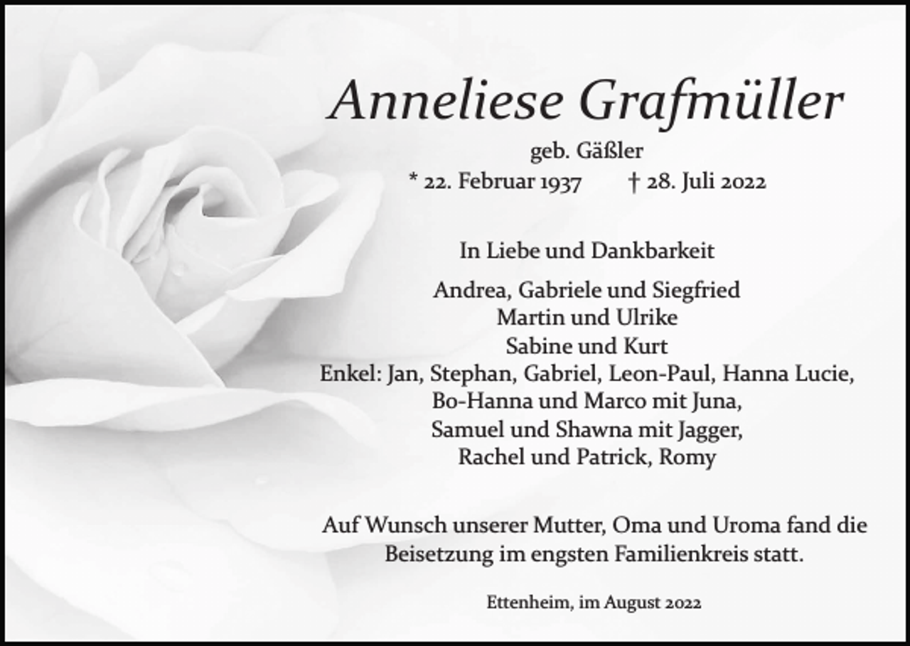 <p>Anneliese Grafmüller<br />geb. Gäßler<br />* 22. Februar 1937<br />† 28. Juli 2022<br />In Liebe und Dankbarkeit<br />Andrea, Gabriele und Siegfried<br />Martin und Ulrike<br />Sabine und Kurt<br />Enkel: Jan, Stephan, Gabriel, Leon­Paul, Hanna Lucie,<br />Bo­Hanna und Marco mit Juna,<br />Samuel und Shawna mit Jagger,<br />Rachel und Patrick, Romy<br />Auf Wunsch unserer Mutter, Oma und Uroma fand die<br />Beisetzung im engsten Familienkreis statt.<br />Ettenheim, im August 2022</p>