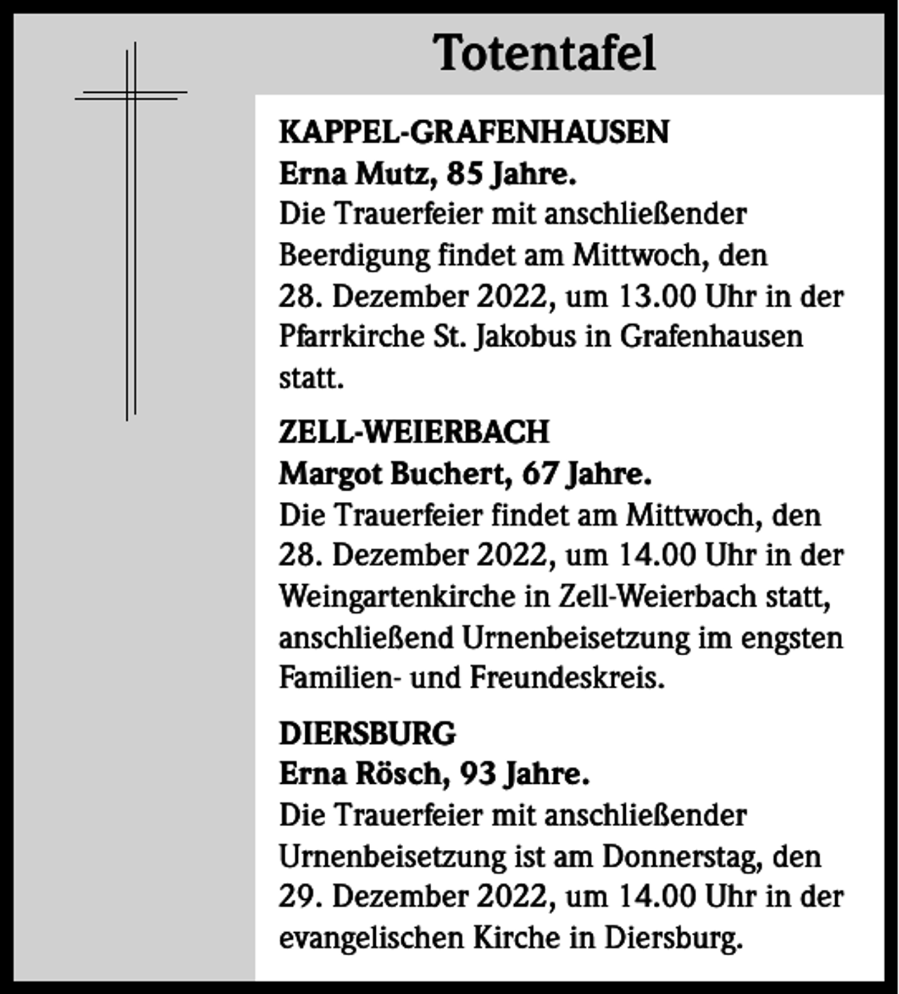 <p>Totentafel<br />Totentafel<br />KAPPEL-GRAFENHAUSEN<br />Erna Mutz, 85 Jahre.<br />Die Trauerfeier mit anschließender<br />Beerdigung findet am Mittwoch, den<br />28. Dezember 2022, um 13.00 Uhr in der<br />Pfarrkirche St. Jakobus in Grafenhausen<br />statt.<br />ZELL-WEIERBACH<br />Margot Buchert, 67 Jahre.<br />Die Trauerfeier findet am Mittwoch, den<br />28. Dezember 2022, um 14.00 Uhr in der<br />Weingartenkirche in Zell-Weierbach statt,<br />anschließend Urnenbeisetzung im engsten<br />Familien- und Freundeskreis.<br />DIERSBURG<br />Erna Rösch, 93 Jahre.<br />Die Trauerfeier mit anschließender<br />Urnenbeisetzung ist am Donnerstag, den<br />29. Dezember 2022, um 14.00 Uhr in der<br />evangelischen Kirche in Diersburg.</p>