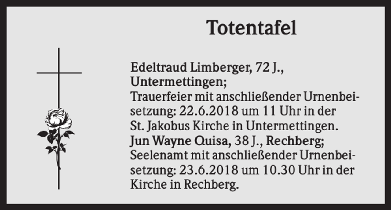<p>Totentafel<br />Edeltraud Limberger, 72 J.,<br />Untermettingen;<br />Trauerfeier mit anschließender Urnenbeisetzung: 22.6.2018 um 11 Uhr in der<br />St. Jakobus Kirche in Untermettingen.<br />Jun Wayne Quisa, 38 J., Rechberg;<br />Seelenamt mit anschließender Urnenbeisetzung: 23.6.2018 um 10.30 Uhr in der<br />Kirche in Rechberg.</p>