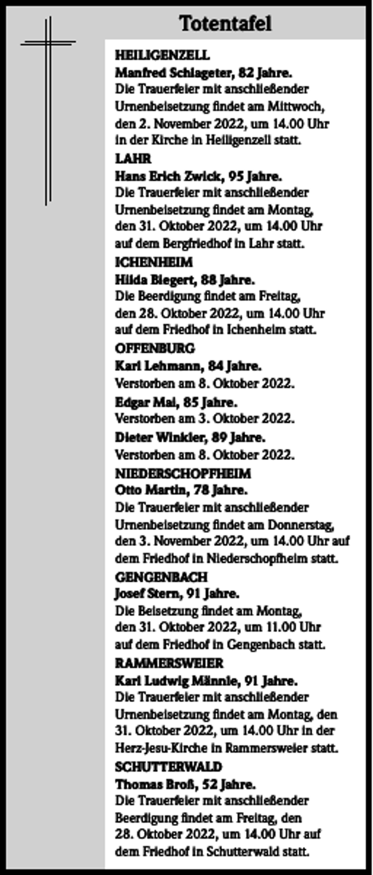<p>Totentafel<br />Totentafel<br />HEILIGENZELL<br />Manfred Schlageter, 82 Jahre.<br />Die Trauerfeier mit anschließender<br />­Urnenbeisetzung findet am Mittwoch,<br />den 2. November 2022, um 14.00 Uhr<br />in der Kirche in Heiligenzell statt.<br />LAHR<br />Hans Erich Zwick, 95 Jahre.<br />Die Trauerfeier mit anschließender<br />­Urnenbeisetzung findet am Montag,<br />den 31. Oktober 2022, um 14.00 Uhr<br />auf dem Bergfriedhof in Lahr statt.<br />ICHENHEIM<br />Hilda Biegert, 88 Jahre.<br />Die Beerdigung findet am Freitag,<br />den 28. Oktober 2022, um 14.00 Uhr<br />auf dem Friedhof in Ichenheim statt.<br />OFFENBURG<br />Karl Lehmann, 84 Jahre.<br />Verstorben am 8. Oktober 2022.<br />Edgar Mai, 85 Jahre.<br />Verstorben am 3. Oktober 2022.<br />Dieter Winkler, 89 Jahre.<br />Verstorben am 8. Oktober 2022.<br />NIEDERSCHOPFHEIM<br />Otto Martin, 78 Jahre.<br />Die Trauerfeier mit anschließender<br />­Urnenbeisetzung findet am Donnerstag,<br />den 3. November 2022, um 14.00 Uhr auf<br />dem Friedhof in Niederschopfheim statt.<br />GENGENBACH<br />Josef Stern, 91 Jahre.<br />Die Beisetzung findet am Montag,<br />den 31. Oktober 2022, um 11.00 Uhr<br />auf dem Friedhof in Gengenbach statt.<br />RAMMERSWEIER<br />Karl Ludwig Männle, 91 Jahre.<br />Die Trauerfeier mit anschließender<br />­Urnenbeisetzung findet am Montag, den<br />31. Oktober 2022, um 14.00 Uhr in der<br />Herz-Jesu-Kirche in Rammersweier statt.<br />SCHUTTERWALD<br />Thomas Broß, 52 Jahre.<br />Die Trauerfeier mit anschließender<br />Beerdigung findet am Freitag, den<br />28. Oktober 2022, um 14.00 Uhr auf<br />dem Friedhof in Schutterwald statt.</p>
