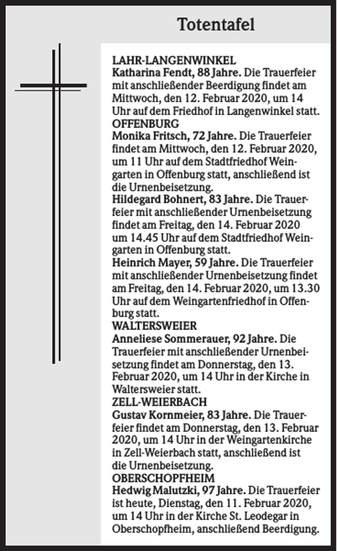 <p>Totentafel<br />LAHR-LANGENWINKEL<br />Katharina Fendt, 88 Jahre. Die Trauerfeier<br />mit anschließender Beerdigung findet am<br />Mittwoch, den 12. Februar 2020, um 14<br />Uhr auf dem Friedhof in Langenwinkel statt.<br />OFFENBURG<br />Monika Fritsch, 72 Jahre. Die Trauerfeier<br />findet am Mittwoch, den 12. Februar 2020,<br />um 11 Uhr auf dem Stadtfriedhof Weingarten in Offenburg statt, anschließend ist<br />die Urnenbeisetzung.<br />Hildegard Bohnert, 83 Jahre. Die Trauerfeier mit anschließender Urnenbeisetzung<br />findet am Freitag, den 14. Februar 2020<br />um 14.45 Uhr auf dem Stadtfriedhof Weingarten in Offenburg statt.<br />Heinrich Mayer, 59 Jahre. Die Trauerfeier<br />mit anschließender Urnenbeisetzung findet<br />am Freitag, den 14. Februar 2020, um 13.30<br />Uhr auf dem Weingartenfriedhof in Offenburg statt.<br />WALTERSWEIER<br />Anneliese Sommerauer, 92 Jahre. Die<br />Trauerfeier mit anschließender Urnenbeisetzung findet am Donnerstag, den 13.<br />Februar 2020, um 14 Uhr in der Kirche in<br />Waltersweier statt.<br />ZELL-WEIERBACH<br />Gustav Kornmeier, 83 Jahre. Die Trauerfeier findet am Donnerstag, den 13. Februar<br />2020, um 14 Uhr in der Weingartenkirche<br />in Zell-Weierbach statt, anschließend ist<br />die Urnenbeisetzung.<br />OBERSCHOPFHEIM<br />Hedwig Malutzki, 97 Jahre. Die Trauerfeier<br />ist heute, Dienstag, den 11. Februar 2020,<br />um 14 Uhr in der Kirche St. Leodegar in<br />Oberschopfheim, anschließend Beerdigung.</p>