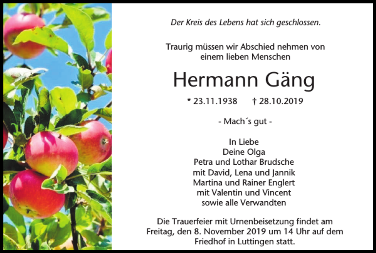 <p>Der Kreis des Lebens hat sich geschlossen.<br />Traurig müssen wir Abschied nehmen von<br />einem lieben Menschen</p><p>Hermann Gäng<br />* 23.11.1938</p><p>† 28.10.2019</p><p>- Mach´s gut In Liebe<br />Deine Olga<br />Petra und Lothar Brudsche<br />mit David, Lena und Jannik<br />Martina und Rainer Englert<br />mit Valentin und Vincent<br />sowie alle Verwandten<br />Die Trauerfeier mit Urnenbeisetzung findet am<br />Freitag, den 8. November 2019 um 14 Uhr auf dem<br />Friedhof in Luttingen statt.</p>