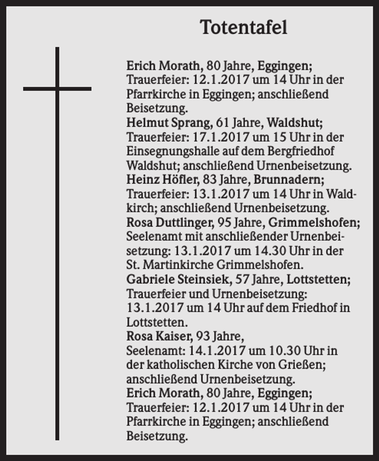 <p>Totentafel<br />Erich Morath, 80 Jahre, Eggingen;<br />Trauerfeier: 12.1.2017 um 14 Uhr in der<br />Pfarrkirche in Eggingen; anschließend<br />Beisetzung.<br />Helmut Sprang, 61 Jahre, Waldshut;<br />Trauerfeier: 17.1.2017 um 15 Uhr in der<br />Einsegnungshalle auf dem Bergfriedhof<br />Waldshut; anschließend Urnenbeisetzung.<br />Heinz Höfler, 83 Jahre, Brunnadern;<br />Trauerfeier: 13.1.2017 um 14 Uhr in Waldkirch; anschließend Urnenbeisetzung.<br />Rosa Duttlinger, 95 Jahre, Grimmelshofen;<br />Seelenamt mit anschließender Urnenbeisetzung: 13.1.2017 um 14.30 Uhr in der<br />St. Martinkirche Grimmelshofen.<br />Gabriele Steinsiek, 57 Jahre, Lottstetten;<br />Trauerfeier und Urnenbeisetzung:<br />13.1.2017 um 14 Uhr auf dem Friedhof in<br />Lottstetten.<br />Rosa Kaiser, 93 Jahre,<br />Seelenamt: 14.1.2017 um 10.30 Uhr in<br />der katholischen Kirche von Grießen;<br />anschließend Urnenbeisetzung.<br />Erich Morath, 80 Jahre, Eggingen;<br />Trauerfeier: 12.1.2017 um 14 Uhr in der<br />Pfarrkirche in Eggingen; anschließend<br />Beisetzung.</p>