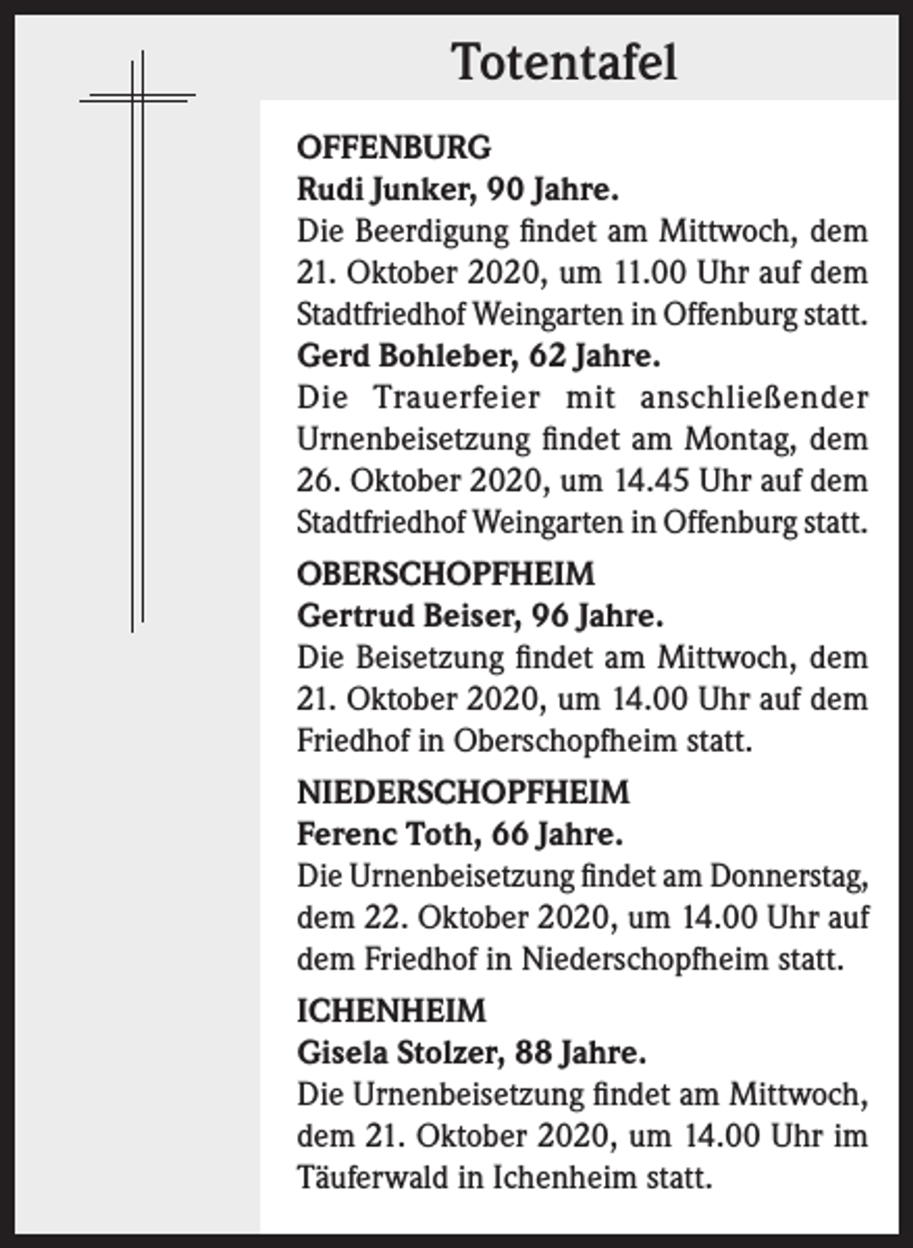 <p>Totentafel<br />OFFENBURG<br />Rudi Junker, 90 Jahre.<br />Die Beerdigung findet am Mittwoch, dem<br />21. Oktober 2020, um 11.00 Uhr auf dem<br />Stadtfriedhof Weingarten in Offenburg statt.<br />Gerd Bohleber, 62 Jahre.<br />Die Trauerfeier mit anschließender<br />Urnenbeisetzung findet am Montag, dem<br />26. Oktober 2020, um 14.45 Uhr auf dem<br />Stadtfriedhof Weingarten in Offenburg statt.<br />OBERSCHOPFHEIM<br />Gertrud Beiser, 96 Jahre.<br />Die Beisetzung findet am Mittwoch, dem<br />21. Oktober 2020, um 14.00 Uhr auf dem<br />Friedhof in Oberschopfheim statt.<br />NIEDERSCHOPFHEIM<br />Ferenc Toth, 66 Jahre.<br />Die Urnenbeisetzung findet am Donnerstag,<br />dem 22. Oktober 2020, um 14.00 Uhr auf<br />dem Friedhof in Niederschopfheim statt.<br />ICHENHEIM<br />Gisela Stolzer, 88 Jahre.<br />Die Urnenbeisetzung findet am Mittwoch,<br />dem 21. Oktober 2020, um 14.00 Uhr im<br />Täuferwald in Ichenheim statt.</p>