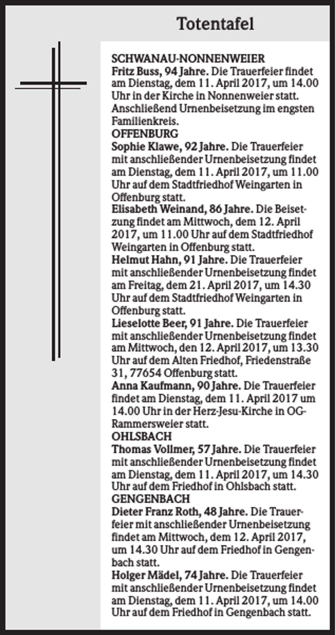 <p>Totentafel<br />SCHWANAU-NONNENWEIER<br />Fritz Buss, 94 Jahre. Die Trauerfeier findet<br />am Dienstag, dem 11. April 2017, um 14.00<br />Uhr in der Kirche in Nonnenweier statt.<br />Anschließend Urnenbeisetzung im engsten<br />Familienkreis.<br />OFFENBURG<br />Sophie Klawe, 92 Jahre. Die Trauerfeier<br />mit anschließender Urnenbeisetzung findet<br />am Dienstag, dem 11. April 2017, um 11.00<br />Uhr auf dem Stadtfriedhof Weingarten in<br />Offenburg statt.<br />Elisabeth Weinand, 86 Jahre. Die Beisetzung findet am Mittwoch, dem 12. April<br />2017, um 11.00 Uhr auf dem Stadtfriedhof<br />Weingarten in Offenburg statt.<br />Helmut Hahn, 91 Jahre. Die Trauerfeier<br />mit anschließender Urnenbeisetzung findet<br />am Freitag, dem 21. April 2017, um 14.30<br />Uhr auf dem Stadtfriedhof Weingarten in<br />Offenburg statt.<br />Lieselotte Beer, 91 Jahre. Die Trauerfeier<br />mit anschließender Urnenbeisetzung findet<br />am Mittwoch, den 12. April 2017, um 13.30<br />Uhr auf dem Alten Friedhof, Friedenstraße<br />31, 77654 Offenburg statt.<br />Anna Kaufmann, 90 Jahre. Die Trauerfeier<br />findet am Dienstag, dem 11. April 2017 um<br />14.00 Uhr in der Herz-Jesu-Kirche in OGRammersweier statt.<br />OHLSBACH<br />Thomas Vollmer, 57 Jahre. Die Trauerfeier<br />mit anschließender Urnenbeisetzung findet<br />am Dienstag, dem 11. April 2017, um 14.30<br />Uhr auf dem Friedhof in Ohlsbach statt.<br />GENGENBACH<br />Dieter Franz Roth, 48 Jahre. Die Trauerfeier mit anschließender Urnenbeisetzung<br />findet am Mittwoch, dem 12. April 2017,<br />um 14.30 Uhr auf dem Friedhof in Gengenbach statt.<br />Holger Mädel, 74 Jahre. Die Trauerfeier<br />mit anschließender Urnenbeisetzung findet<br />am Dienstag, dem 11. April 2017, um 14.00<br />Uhr auf dem Friedhof in Gengenbach statt.</p>