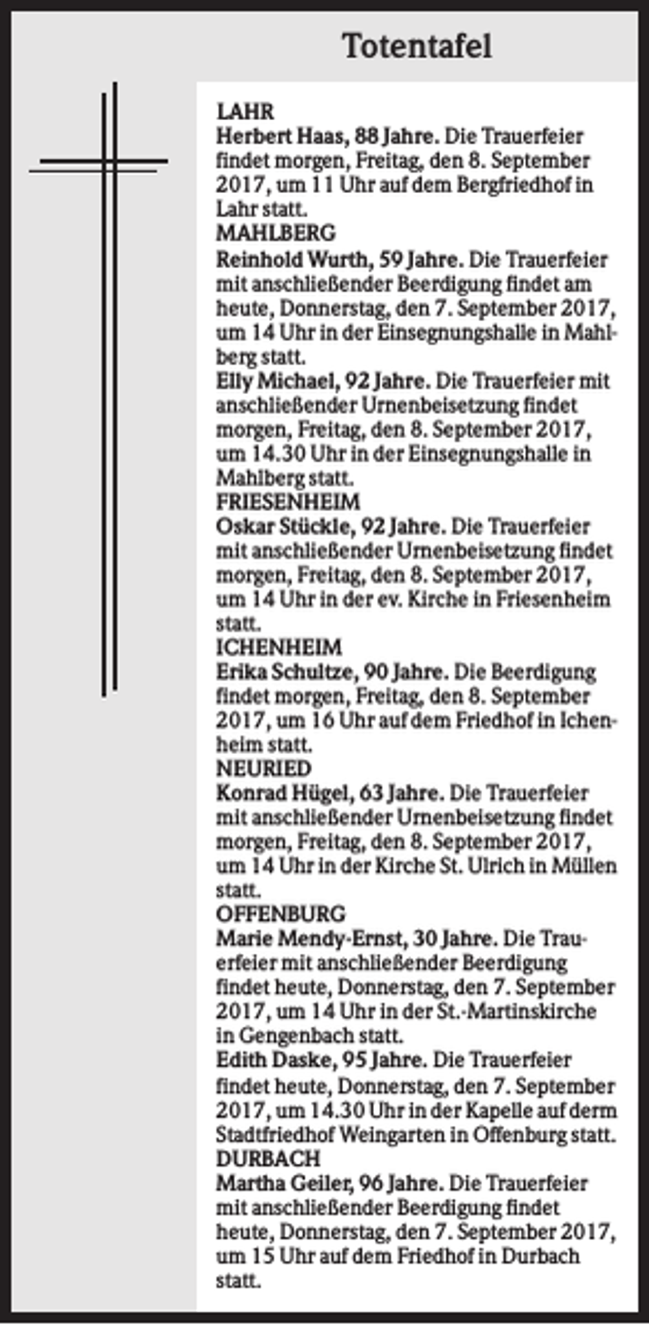<p>Totentafel<br />LAHR<br />Herbert Haas, 88 Jahre. Die Trauerfeier<br />findet morgen, Freitag, den 8. September<br />2017, um 11 Uhr auf dem Bergfriedhof in<br />Lahr statt.<br />MAHLBERG<br />Reinhold Wurth, 59 Jahre. Die Trauerfeier<br />mit anschließender Beerdigung findet am<br />heute, Donnerstag, den 7. September 2017,<br />um 14 Uhr in der Einsegnungshalle in Mahlberg statt.<br />Elly Michael, 92 Jahre. Die Trauerfeier mit<br />anschließender Urnenbeisetzung findet<br />morgen, Freitag, den 8. September 2017,<br />um 14.30 Uhr in der Einsegnungshalle in<br />Mahlberg statt.<br />FRIESENHEIM<br />Oskar Stückle, 92 Jahre. Die Trauerfeier<br />mit anschließender Urnenbeisetzung findet<br />morgen, Freitag, den 8. September 2017,<br />um 14 Uhr in der ev. Kirche in Friesenheim<br />statt.<br />ICHENHEIM<br />Erika Schultze, 90 Jahre. Die Beerdigung<br />findet morgen, Freitag, den 8. September<br />2017, um 16 Uhr auf dem Friedhof in Ichenheim statt.<br />NEURIED<br />Konrad Hügel, 63 Jahre. Die Trauerfeier<br />mit anschließender Urnenbeisetzung findet<br />morgen, Freitag, den 8. September 2017,<br />um 14 Uhr in der Kirche St. Ulrich in Müllen<br />statt.<br />OFFENBURG<br />Marie Mendy-Ernst, 30 Jahre. Die Trauerfeier mit anschließender Beerdigung<br />findet heute, Donnerstag, den 7. September<br />2017, um 14 Uhr in der St.-Martinskirche<br />in Gengenbach statt.<br />Edith Daske, 95 Jahre. Die Trauerfeier<br />findet heute, Donnerstag, den 7. September<br />2017, um 14.30 Uhr in der Kapelle auf derm<br />Stadtfriedhof Weingarten in Offenburg statt.<br />DURBACH<br />Martha Geiler, 96 Jahre. Die Trauerfeier<br />mit anschließender Beerdigung findet<br />heute, Donnerstag, den 7. September 2017,<br />um 15 Uhr auf dem Friedhof in Durbach<br />statt.</p>