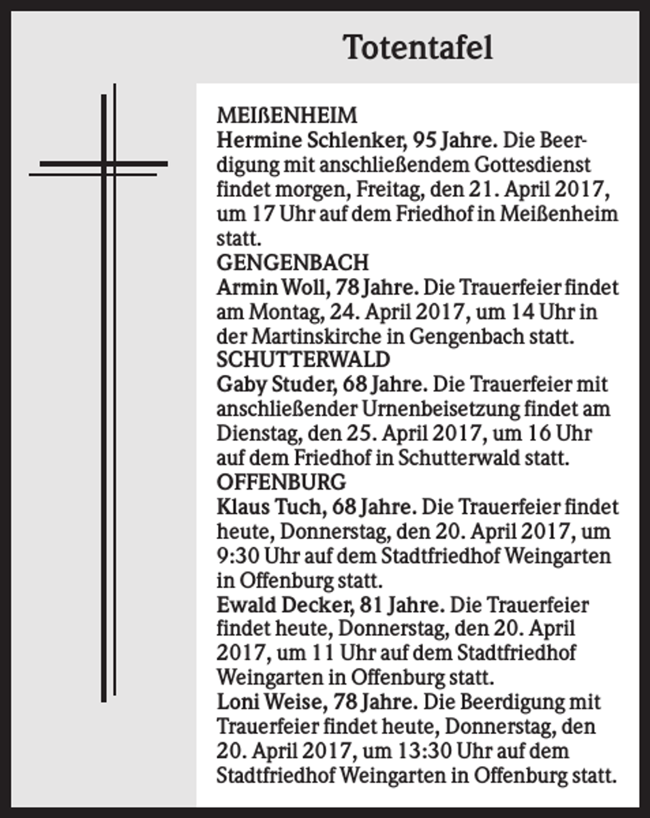 <p>Totentafel<br />MEIßENHEIM<br />Hermine Schlenker, 95 Jahre. Die Beerdigung mit anschließendem Gottesdienst<br />findet morgen, Freitag, den 21. April 2017,<br />um 17 Uhr auf dem Friedhof in Meißenheim<br />statt.<br />GENGENBACH<br />Armin Woll, 78 Jahre. Die Trauerfeier findet<br />am Montag, 24. April 2017, um 14 Uhr in<br />der Martinskirche in Gengenbach statt.<br />SCHUTTERWALD<br />Gaby Studer, 68 Jahre. Die Trauerfeier mit<br />anschließender Urnenbeisetzung findet am<br />Dienstag, den 25. April 2017, um 16 Uhr<br />auf dem Friedhof in Schutterwald statt.<br />OFFENBURG<br />Klaus Tuch, 68 Jahre. Die Trauerfeier findet<br />heute, Donnerstag, den 20. April 2017, um<br />9:30 Uhr auf dem Stadtfriedhof Weingarten<br />in Offenburg statt.<br />Ewald Decker, 81 Jahre. Die Trauerfeier<br />findet heute, Donnerstag, den 20. April<br />2017, um 11 Uhr auf dem Stadtfriedhof<br />Weingarten in Offenburg statt.<br />Loni Weise, 78 Jahre. Die Beerdigung mit<br />Trauerfeier findet heute, Donnerstag, den<br />20. April 2017, um 13:30 Uhr auf dem<br />Stadtfriedhof Weingarten in Offenburg statt.</p>