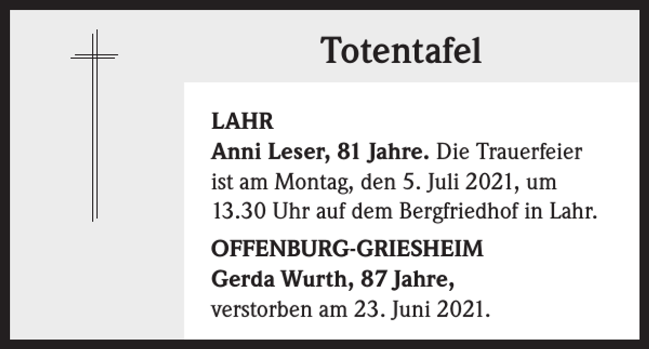 <p>Totentafel<br />LAHR<br />Anni Leser, 81 Jahre. Die Trauerfeier<br />ist am Montag, den 5. Juli 2021, um<br />13.30 Uhr auf dem Bergfriedhof in Lahr.<br />OFFENBURG-GRIESHEIM<br />Gerda Wurth, 87 Jahre,<br />verstorben am 23. Juni 2021.</p>