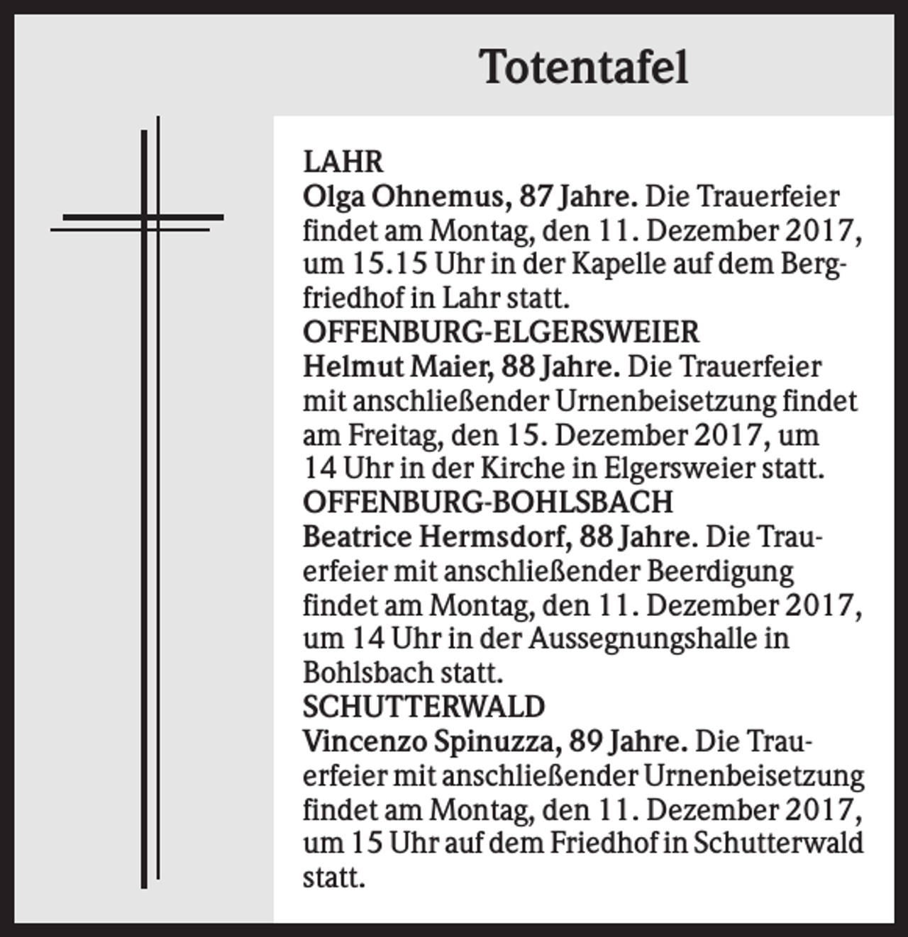<p>Totentafel<br />LAHR<br />Olga Ohnemus, 87 Jahre. Die Trauerfeier<br />findet am Montag, den 11. Dezember 2017,<br />um 15.15 Uhr in der Kapelle auf dem Bergfriedhof in Lahr statt.<br />OFFENBURG-ELGERSWEIER<br />Helmut Maier, 88 Jahre. Die Trauerfeier<br />mit anschließender Urnenbeisetzung findet<br />am Freitag, den 15. Dezember 2017, um<br />14 Uhr in der Kirche in Elgersweier statt.<br />OFFENBURG-BOHLSBACH<br />Beatrice Hermsdorf, 88 Jahre. Die Trauerfeier mit anschließender Beerdigung<br />findet am Montag, den 11. Dezember 2017,<br />um 14 Uhr in der Aussegnungshalle in<br />Bohlsbach statt.<br />SCHUTTERWALD<br />Vincenzo Spinuzza, 89 Jahre. Die Trauerfeier mit anschließender Urnenbeisetzung<br />findet am Montag, den 11. Dezember 2017,<br />um 15 Uhr auf dem Friedhof in Schutterwald<br />statt.</p>