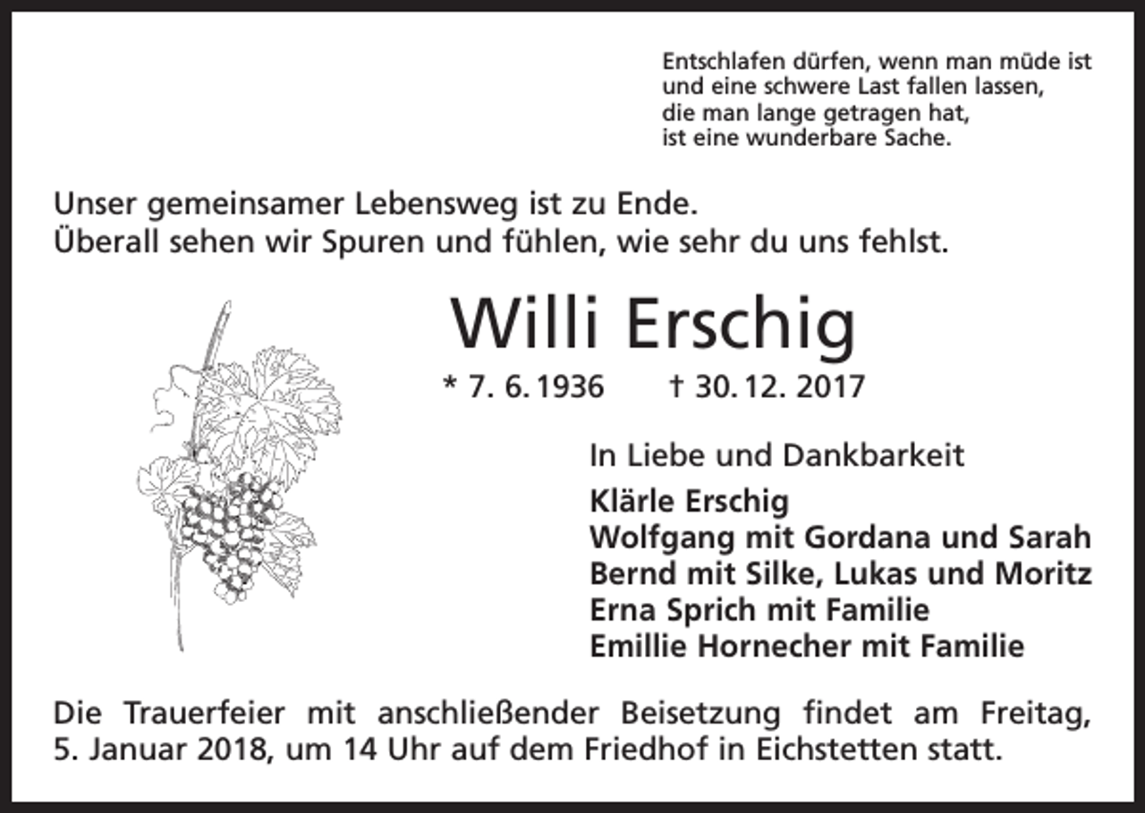 <p>Entschlafen dürfen, wenn man müde ist<br />und eine schwere Last fallen lassen,<br />die man lange getragen hat,<br />ist eine wunderbare Sache.</p><p>Unser gemeinsamer Lebensweg ist zu Ende.<br />Überall sehen wir Spuren und fühlen, wie sehr du uns fehlst.</p><p>Willi Erschig<br />* 7. 6. 1936 † 30. 12. 2017<br />In Liebe und Dankbarkeit<br />Klärle Erschig<br />Wolfgang mit Gordana und Sarah<br />Bernd mit Silke, Lukas und Moritz<br />Erna Sprich mit Familie<br />Emillie Hornecher mit Familie<br />Die Trauerfeier mit anschließender Beisetzung findet am Freitag,<br />5. Januar 2018, um 14 Uhr auf dem Friedhof in Eichstetten statt.</p>