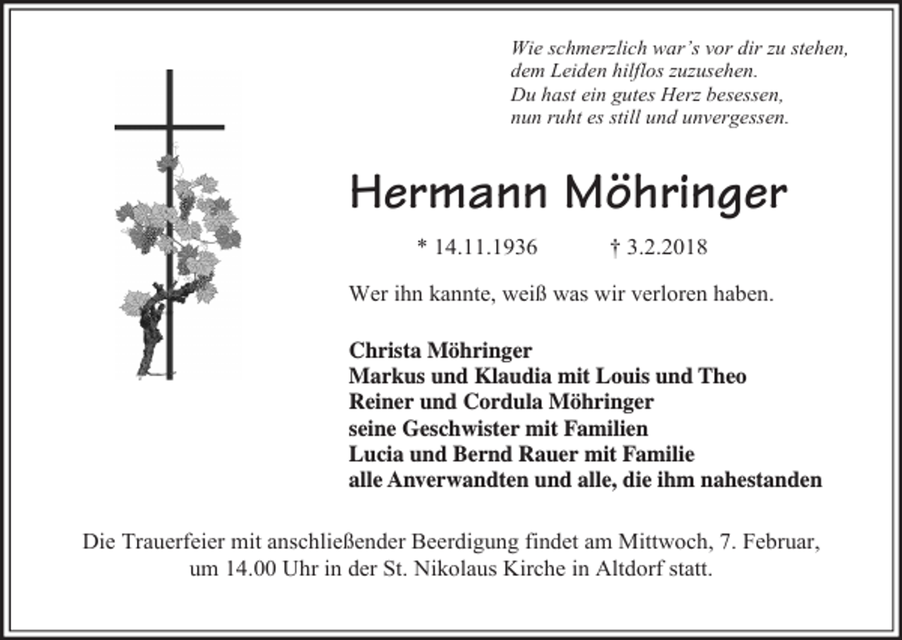 <p>Wie schmerzlich war’s vor dir zu stehen,<br />dem Leiden hilflos zuzusehen.<br />Du hast ein gutes Herz besessen,<br />nun ruht es still und unvergessen.</p><p>Hermann Möhringer<br />* 14.11.1936</p><p>† 3.2.2018</p><p>Wer ihn kannte, weiß was wir verloren haben.<br />Christa<br />Christa Möhringer<br />Möhringer<br />Markus<br />Markus und<br />und Klaudia<br />Klaudiamit<br />mitLouis<br />Louisund<br />undTheo<br />Theo Reiner<br />Reiner<br />und Cordula<br />Möhringer<br />und Cordula<br />Möhringer<br />seine Geschwister<br />Geschwister mit<br />mitFamilien<br />Familien<br />Lucia und<br />und Bernd<br />Bernd Rauer<br />Rauermit<br />mitFamilie<br />Familie<br />alle Anverwandten<br />Anverwandtenund<br />undalle,<br />alle,die<br />dieihm<br />ihmnahestanden<br />nahestanden<br />Die Trauerfeier mit anschließender Beerdigung findet am Mittwoch, 7. Februar,<br />um 14.00 Uhr in der St. Nikolaus Kirche in Altdorf statt.</p>