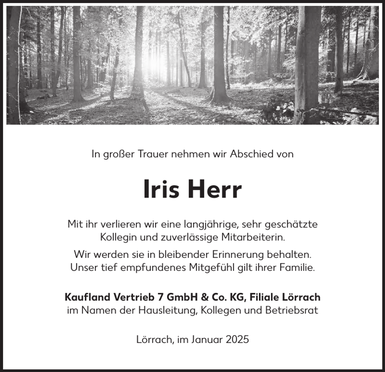 <p>In großer Trauer nehmen wir Abschied von</p><p>Iris Herr<br />Mit ihr verlieren wir eine langjährige, sehr geschätzte<br />Kollegin und zuverlässige Mitarbeiterin.<br />Wir werden sie in bleibender Erinnerung behalten.<br />Unser tief empfundenes Mitgefühl gilt ihrer Familie.<br />Kaufland Vertrieb 7 GmbH &amp; Co. KG, Filiale Lörrach<br />im Namen der Hausleitung, Kollegen und Betriebsrat<br />Lörrach, im Januar 2025</p>