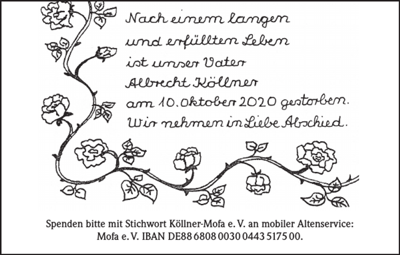 <p>Spenden bitte mit Stichwort Köllner-Mofa e. V. an mobiler Altenservice:<br />Mofa e. V. IBAN DE88 6808 003443 5175 00.</p>