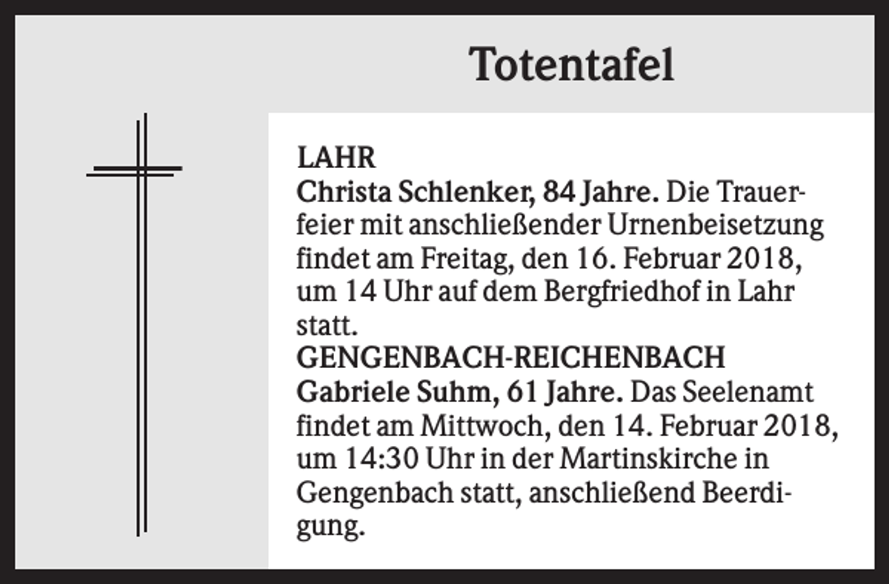 <p>Totentafel<br />LAHR<br />Christa Schlenker, 84 Jahre. Die Trauerfeier mit anschließender Urnenbeisetzung<br />findet am Freitag, den 16. Februar 2018,<br />um 14 Uhr auf dem Bergfriedhof in Lahr<br />statt.<br />GENGENBACH-REICHENBACH<br />Gabriele Suhm, 61 Jahre. Das Seelenamt<br />findet am Mittwoch, den 14. Februar 2018,<br />um 14:30 Uhr in der Martinskirche in<br />Gengenbach statt, anschließend Beerdigung.</p>