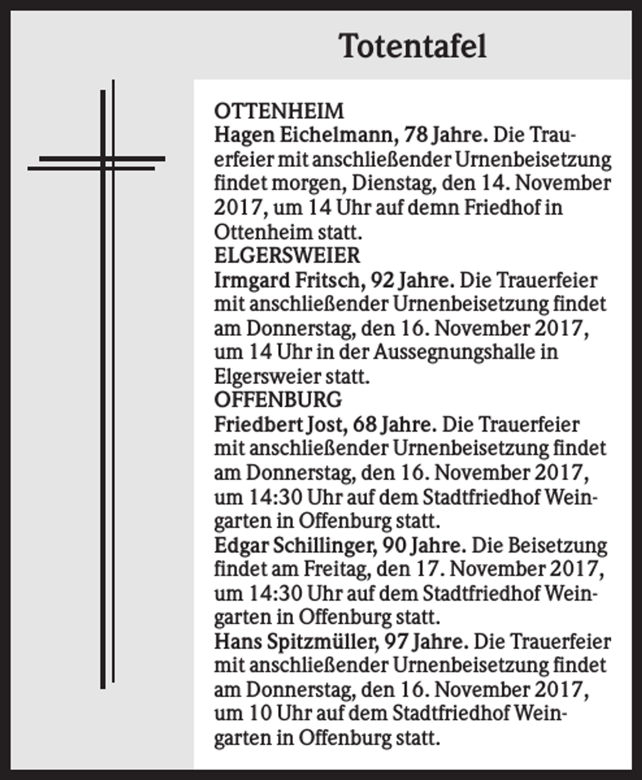 <p>Totentafel<br />OTTENHEIM<br />Hagen Eichelmann, 78 Jahre. Die Trauerfeier mit anschließender Urnenbeisetzung<br />findet morgen, Dienstag, den 14. November<br />2017, um 14 Uhr auf demn Friedhof in<br />Ottenheim statt.<br />ELGERSWEIER<br />Irmgard Fritsch, 92 Jahre. Die Trauerfeier<br />mit anschließender Urnenbeisetzung findet<br />am Donnerstag, den 16. November 2017,<br />um 14 Uhr in der Aussegnungshalle in<br />Elgersweier statt.<br />OFFENBURG<br />Friedbert Jost, 68 Jahre. Die Trauerfeier<br />mit anschließender Urnenbeisetzung findet<br />am Donnerstag, den 16. November 2017,<br />um 14:30 Uhr auf dem Stadtfriedhof Weingarten in Offenburg statt.<br />Edgar Schillinger, 90 Jahre. Die Beisetzung<br />findet am Freitag, den 17. November 2017,<br />um 14:30 Uhr auf dem Stadtfriedhof Weingarten in Offenburg statt.<br />Hans Spitzmüller, 97 Jahre. Die Trauerfeier<br />mit anschließender Urnenbeisetzung findet<br />am Donnerstag, den 16. November 2017,<br />um 10 Uhr auf dem Stadtfriedhof Weingarten in Offenburg statt.</p>
