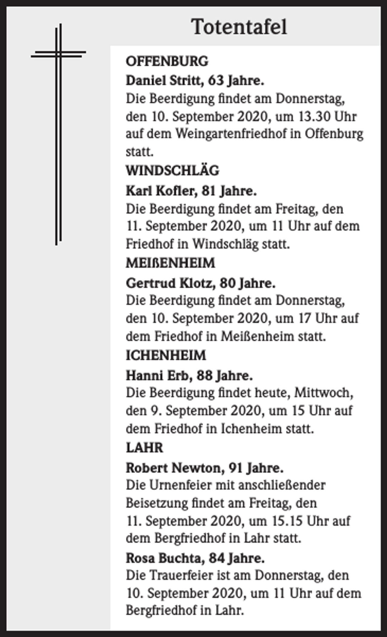 <p>Totentafel<br />OFFENBURG<br />Daniel Stritt, 63 Jahre.<br />Die Beerdigung findet am Donnerstag,<br />den 10. September 2020, um 13.30 Uhr<br />auf dem Weingartenfriedhof in Offenburg<br />statt.<br />WINDSCHLÄG<br />Karl Kofler, 81 Jahre.<br />Die Beerdigung findet am Freitag, den<br />11. September 2020, um 11 Uhr auf dem<br />Friedhof in Windschläg statt.<br />MEIßENHEIM<br />Gertrud Klotz, 80 Jahre.<br />Die Beerdigung findet am Donnerstag,<br />den 10. September 2020, um 17 Uhr auf<br />dem Friedhof in Meißenheim statt.<br />ICHENHEIM<br />Hanni Erb, 88 Jahre.<br />Die Beerdigung findet heute, Mittwoch,<br />den 9. September 2020, um 15 Uhr auf<br />dem Friedhof in Ichenheim statt.<br />LAHR<br />Robert Newton, 91 Jahre.<br />Die Urnenfeier mit anschließender<br />­Beisetzung findet am Freitag, den<br />11. September 2020, um 15.15 Uhr auf<br />dem Bergfriedhof in Lahr statt.<br />Rosa Buchta, 84 Jahre.<br />Die Trauerfeier ist am Donnerstag, den<br />10. September 2020, um 11 Uhr auf dem<br />Bergfriedhof in Lahr.</p>