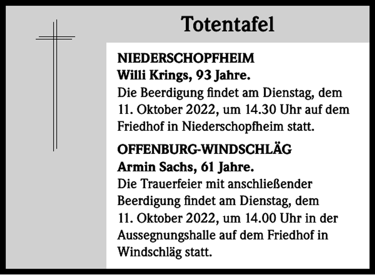 <p>Totentafel<br />Totentafel<br />NIEDERSCHOPFHEIM<br />Willi Krings, 93 Jahre.<br />Die Beerdigung findet am Dienstag, dem<br />11. Oktober 2022, um 14.30 Uhr auf dem<br />Friedhof in Niederschopfheim statt.<br />OFFENBURG-WINDSCHLÄG<br />Armin Sachs, 61 Jahre.<br />Die Trauerfeier mit anschließender<br />Beerdigung findet am Dienstag, dem<br />11. Oktober 2022, um 14.00 Uhr in der<br />Aussegnungshalle auf dem Friedhof in<br />Windschläg statt.</p>