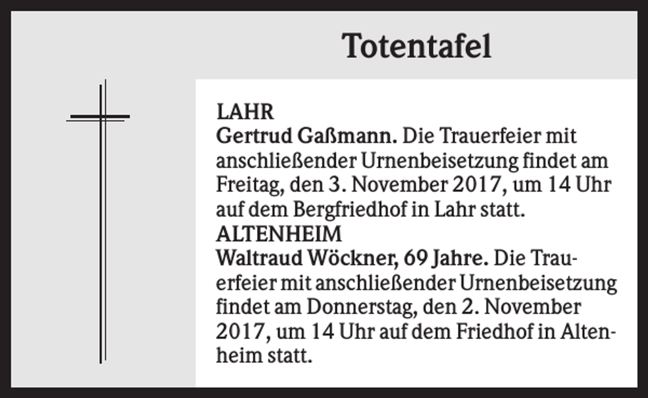 <p>Totentafel<br />LAHR<br />Gertrud Gaßmann. Die Trauerfeier mit<br />anschließender Urnenbeisetzung findet am<br />Freitag, den 3. November 2017, um 14 Uhr<br />auf dem Bergfriedhof in Lahr statt.<br />ALTENHEIM<br />Waltraud Wöckner, 69 Jahre. Die Trauerfeier mit anschließender Urnenbeisetzung<br />findet am Donnerstag, den 2. November<br />2017, um 14 Uhr auf dem Friedhof in Altenheim statt.</p>