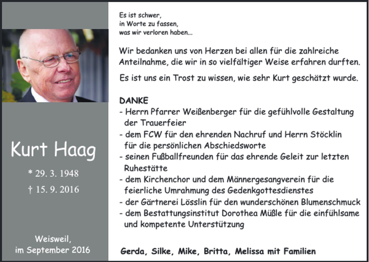 <p>Es ist schwer,<br />in Worte zu fassen,<br />was wir verloren haben...</p><p>Wir bedanken uns von Herzen bei allen für die zahlreiche<br />Anteilnahme, die wir in so vielfältiger Weise erfahren durften.<br />Es ist uns ein Trost zu wissen, wie sehr Kurt geschätzt wurde.</p><p>Kurt Haag<br />* 29. 3. 1948</p><p>†</p><p>15. 9. 2016</p><p>Weisweil,<br />im September 2016</p><p>DANKE<br />- Herrn Pfarrer Weißenberger für die gefühlvolle Gestaltung<br />der Trauerfeier<br />- dem FCW für den ehrenden Nachruf und Herrn Stöcklin<br />für die persönlichen Abschiedsworte<br />- seinen Fußballfreunden für das ehrende Geleit zur letzten<br />Ruhestätte<br />- dem Kirchenchor und dem Männergesangverein für die<br />feierliche Umrahmung des Gedenkgottesdienstes<br />- der Gärtnerei Lösslin für den wunderschönen Blumenschmuck<br />- dem Bestattungsinstitut Dorothea Müßle für die einfühlsame<br />und kompetente Unterstützung<br />Gerda, Silke, Mike, Britta, Melissa mit Familien</p>