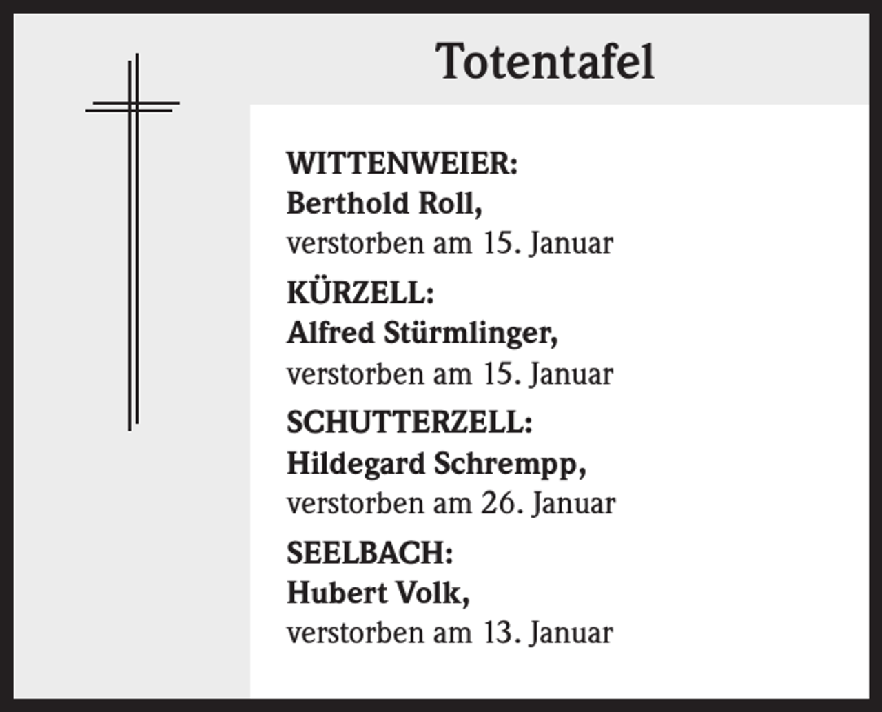 <p>Totentafel<br />WITTENWEIER:<br />Berthold Roll,<br />verstorben am 15. Januar<br />KÜRZELL:<br />Alfred Stürmlinger,<br />verstorben am 15. Januar<br />SCHUTTERZELL:<br />Hildegard Schrempp,<br />verstorben am 26. Januar<br />SEELBACH:<br />Hubert Volk,<br />verstorben am 13. Januar</p>