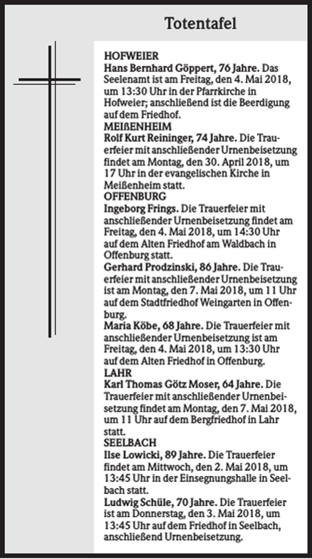 <p>Totentafel<br />HOFWEIER<br />Hans Bernhard Göppert, 76 Jahre. Das<br />Seelenamt ist am Freitag, den 4. Mai 2018,<br />um 13:30 Uhr in der Pfarrkirche in<br />Hofweier; anschließend ist die Beerdigung<br />auf dem Friedhof.<br />MEIßENHEIM<br />Rolf Kurt Reininger, 74 Jahre. Die Trauerfeier mit anschließender Urnenbeisetzung<br />findet am Montag, den 30. April 2018, um<br />17 Uhr in der evangelischen Kirche in<br />Meißenheim statt.<br />OFFENBURG<br />Ingeborg Frings. Die Trauerfeier mit<br />anschließender Urnenbeisetzung findet am<br />Freitag, den 4. Mai 2018, um 14:30 Uhr<br />auf dem Alten Friedhof am Waldbach in<br />Offenburg statt.<br />Gerhard Prodzinski, 86 Jahre. Die Trauerfeier mit anschließender Urnenbeisetzung<br />ist am Montag, den 7. Mai 2018, um 11 Uhr<br />auf dem Stadtfriedhof Weingarten in Offenburg.<br />Maria Köbe, 68 Jahre. Die Trauerfeier mit<br />anschließender Urnenbeisetzung ist am<br />Freitag, den 4. Mai 2018, um 13:30 Uhr<br />auf dem Alten Friedhof in Offenburg.<br />LAHR<br />Karl Thomas Götz Moser, 64 Jahre. Die<br />Trauerfeier mit anschließender Urnenbeisetzung findet am Montag, den 7. Mai 2018,<br />um 11 Uhr auf dem Bergfriedhof in Lahr<br />statt.<br />SEELBACH<br />Ilse Lowicki, 89 Jahre. Die Trauerfeier<br />findet am Mittwoch, den 2. Mai 2018, um<br />13:45 Uhr in der Einsegnungshalle in Seelbach statt.<br />Ludwig Schüle, 70 Jahre. Die Trauerfeier<br />ist am Donnerstag, den 3. Mai 2018, um<br />13:45 Uhr auf dem Friedhof in Seelbach,<br />anschließend Urnenbeisetzung.</p>