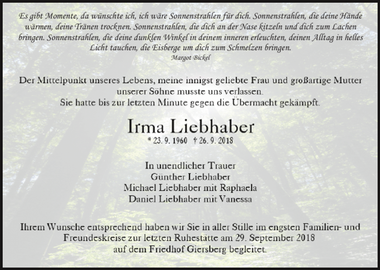 <p>Es gibt Momente, da wünschte ich, ich wäre Sonnenstrahlen für dich. Sonnenstrahlen, die deine Hände<br />wärmen, deine Tränen trocknen. Sonnenstrahlen, die dich an der Nase kitzeln und dich zum Lachen<br />bringen. Sonnenstrahlen, die deine dunklen Winkel in deinem inneren erleuchten, deinen Alltag in helles<br />Licht tauchen, die Eisberge um dich zum Schmelzen bringen.<br />Margot Bickel</p>