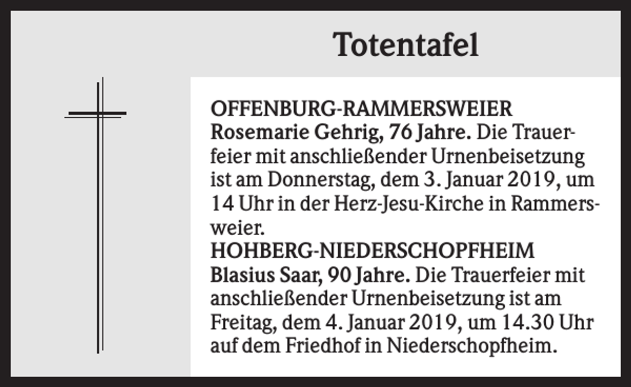 <p>Totentafel<br />OFFENBURG-RAMMERSWEIER<br />Rosemarie Gehrig, 76 Jahre. Die Trauerfeier mit anschließender Urnenbeisetzung<br />ist am Donnerstag, dem 3. Januar 2019, um<br />14 Uhr in der Herz-Jesu-Kirche in Rammersweier.<br />HOHBERG-NIEDERSCHOPFHEIM<br />Blasius Saar, 90 Jahre. Die Trauerfeier mit<br />anschließender Urnenbeisetzung ist am<br />Freitag, dem 4. Januar 2019, um 14.30 Uhr<br />auf dem Friedhof in Niederschopfheim.</p>