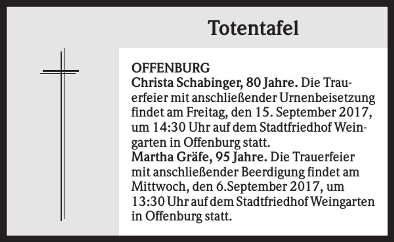 <p>Totentafel<br />OFFENBURG<br />Christa Schabinger, 80 Jahre. Die Trauerfeier mit anschließender Urnenbeisetzung<br />findet am Freitag, den 15. September 2017,<br />um 14:30 Uhr auf dem Stadtfriedhof Weingarten in Offenburg statt.<br />Martha Gräfe, 95 Jahre. Die Trauerfeier<br />mit anschließender Beerdigung findet am<br />Mittwoch, den 6.September 2017, um<br />13:30 Uhr auf dem Stadtfriedhof Weingarten<br />in Offenburg statt.</p>