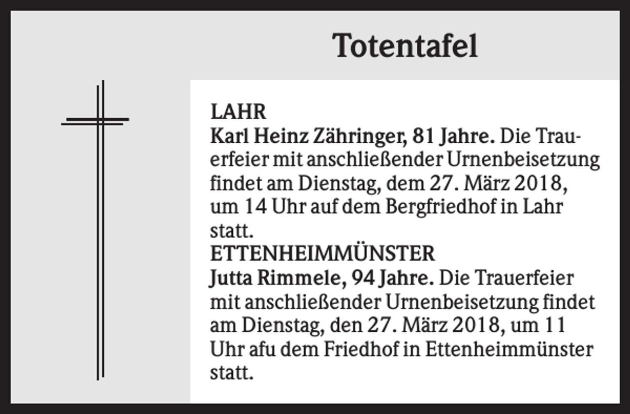 <p>Totentafel<br />LAHR<br />Karl Heinz Zähringer, 81 Jahre. Die Trauerfeier mit anschließender Urnenbeisetzung<br />findet am Dienstag, dem 27. März 2018,<br />um 14 Uhr auf dem Bergfriedhof in Lahr<br />statt.<br />ETTENHEIMMÜNSTER<br />Jutta Rimmele, 94 Jahre. Die Trauerfeier<br />mit anschließender Urnenbeisetzung findet<br />am Dienstag, den 27. März 2018, um 11<br />Uhr afu dem Friedhof in Ettenheimmünster<br />statt.</p>