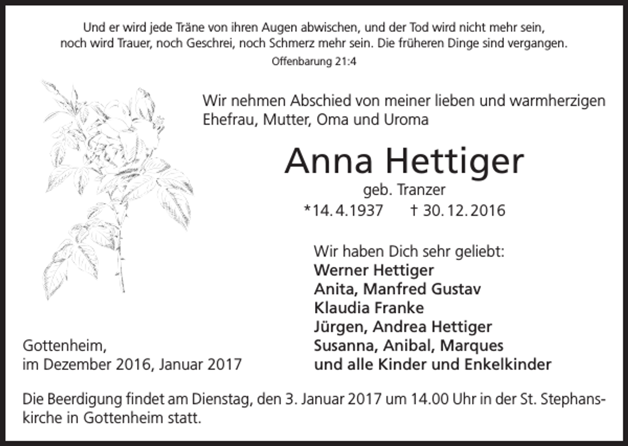 <p>Und er wird jede Träne von ihren Augen abwischen, und der Tod wird nicht mehr sein,<br />noch wird Trauer, noch Geschrei, noch Schmerz mehr sein. Die früheren Dinge sind vergangen.<br />Offenbarung 21:4</p><p>Wir nehmen Abschied von meiner lieben und warm­herzigen<br />Ehefrau, Mutter, Oma und Uroma</p><p>Anna Hettiger<br />geb. Tranzer<br />*14. 4.1937<br />† 30. 12. 2016</p><p>Gottenheim,<br />im Dezember 2016, Januar 2017</p><p>Wir haben Dich sehr geliebt:<br />Werner Hettiger<br />Anita, Manfred Gustav<br />Klaudia Franke<br />Jürgen, Andrea Hettiger<br />Susanna, Anibal, Marques<br />und alle Kinder und Enkelkinder</p><p>Die Beerdigung findet am Dienstag, den 3. Januar 2017 um 14.00 Uhr in der St. Stephanskirche in Gottenheim statt.</p>